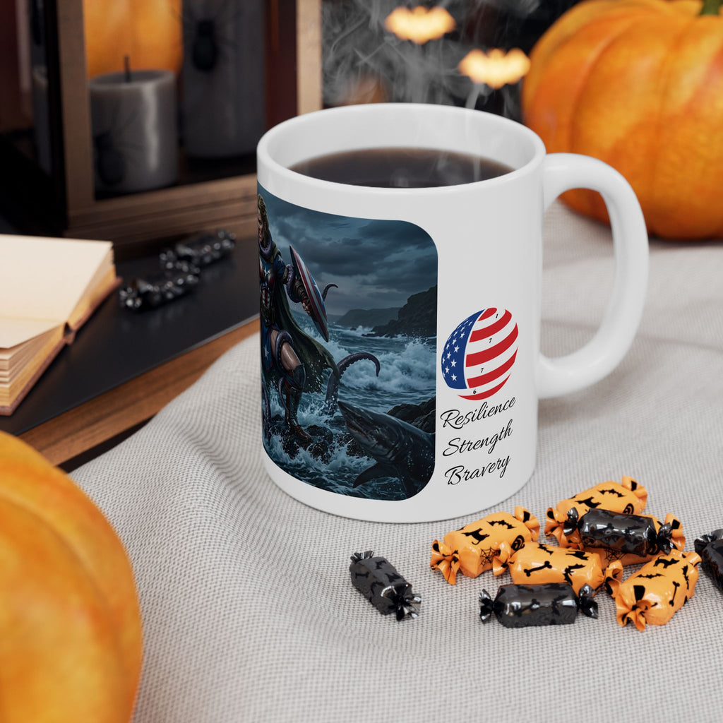 Lady Liberty Unbound #1 White Ceramic Mug — USA Standing Strong Against Darkness Cup