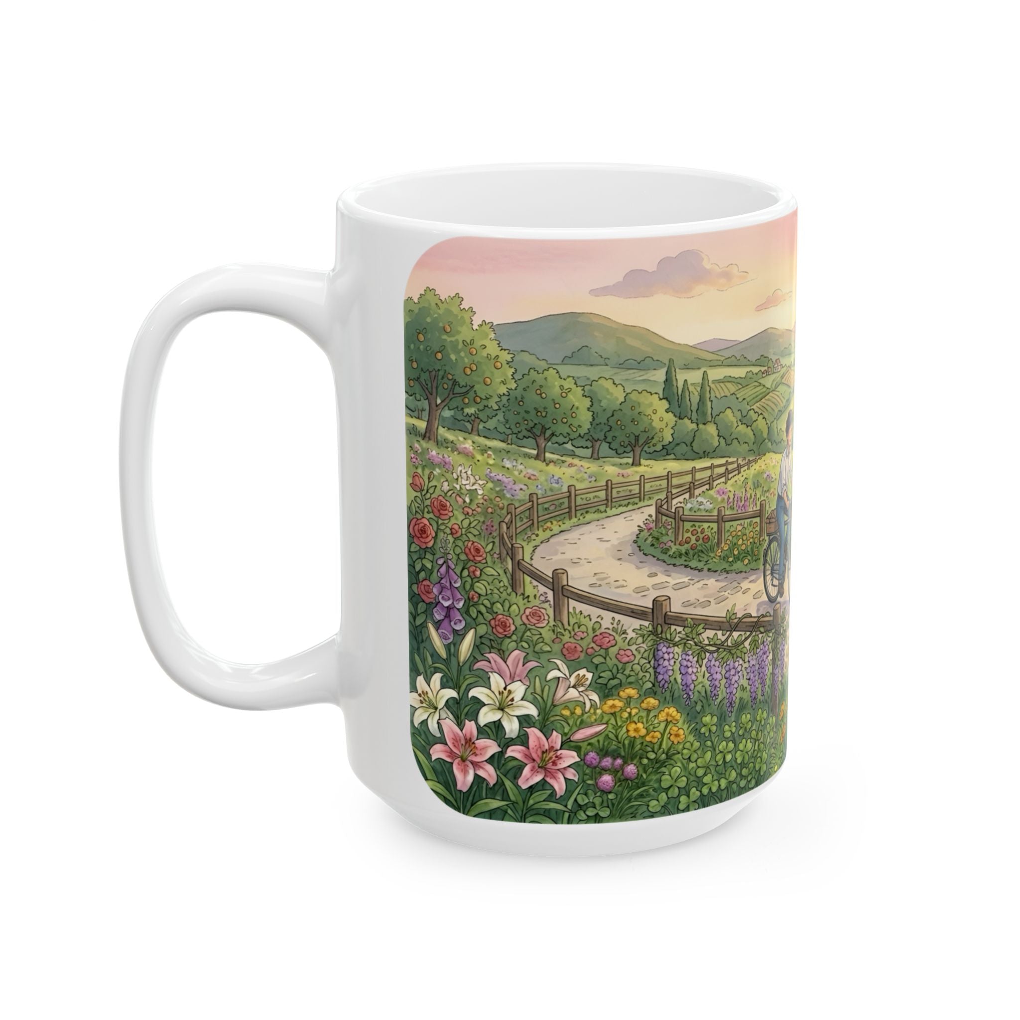 Scenic Family Bike Ride White Ceramic Mug – Countryside Morning Together Cup (11oz & 15oz)
