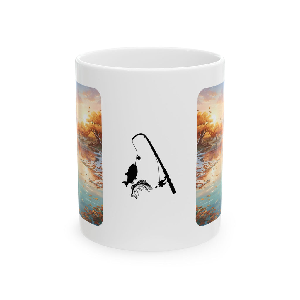 Cozy Anime Girl Joyful Fishing Lake Adventure White Ceramic Mug — Scenic Autumn Aesthetic Mountain Landscape Tea Cup (11oz/15oz)