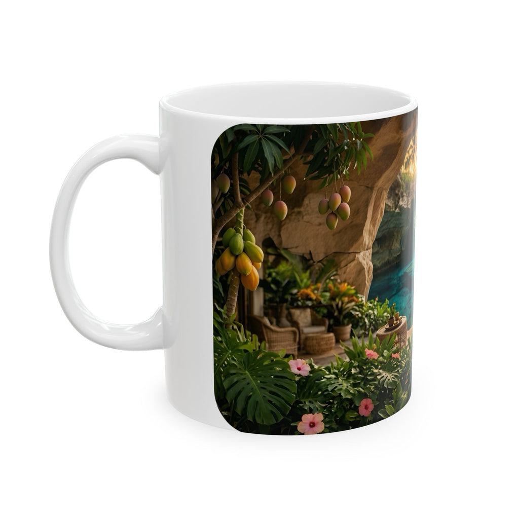 Tropical Cave Paradise White Ceramic Mug,  Relaxing Escape Cup (11 oz, 15 oz)