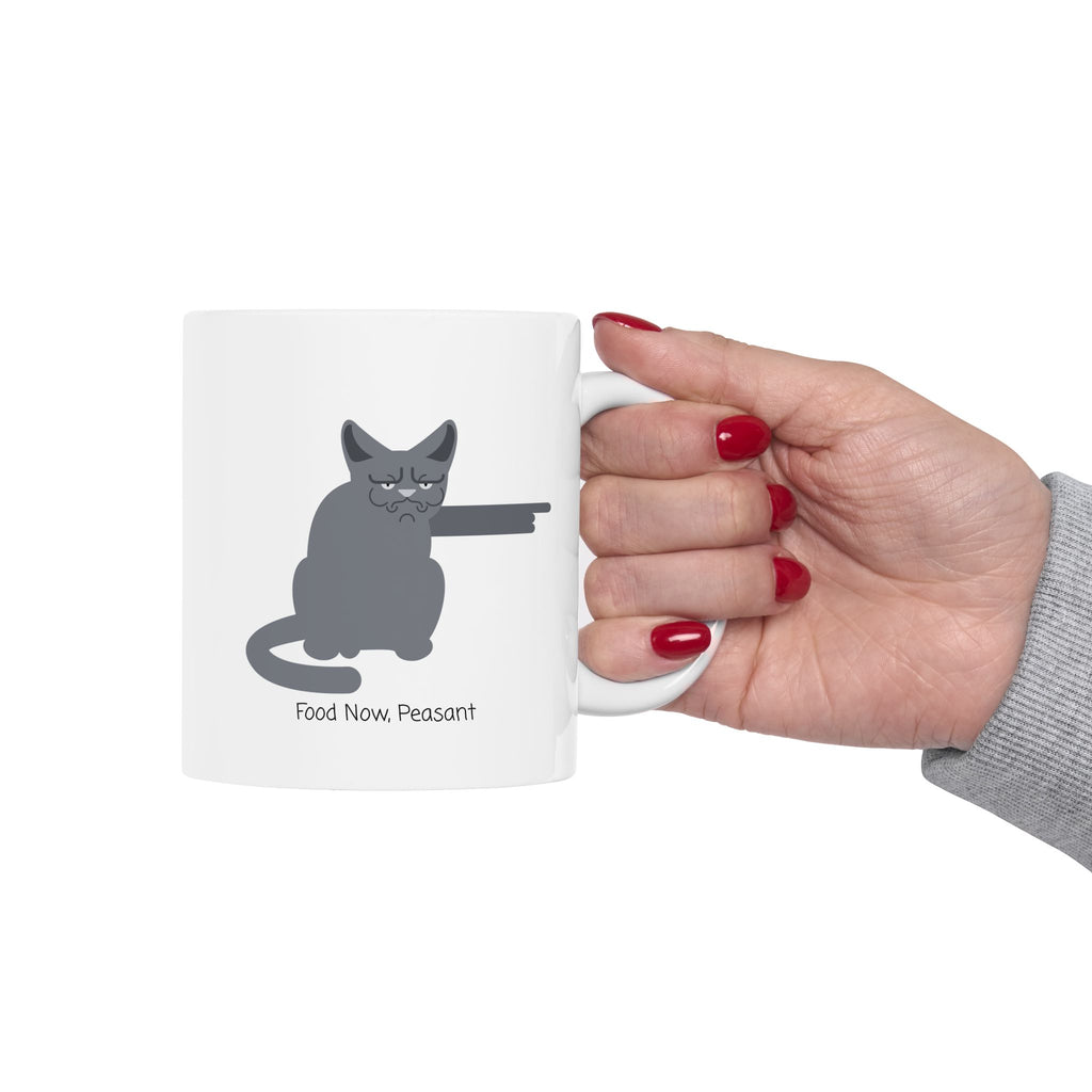 Funny "Food Now, Peasant" Stooshe Cat White Ceramic Mug – Cute Gray Papa Grumps Kitty Cup (11oz & 15oz)