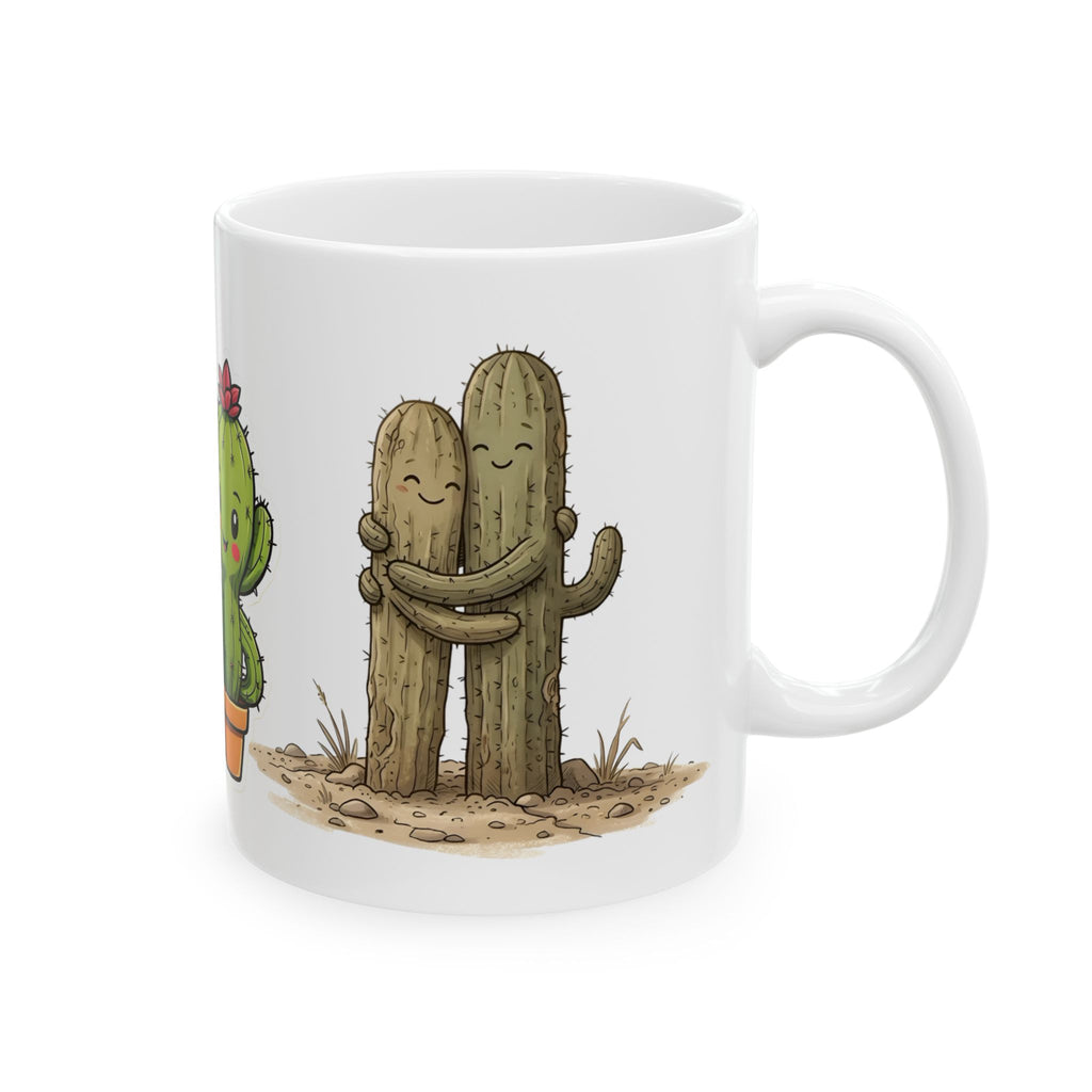 Cactus Couple White Ceramic Mug — Cute Potted Terracotta Tea Cup (11oz & 15oz)