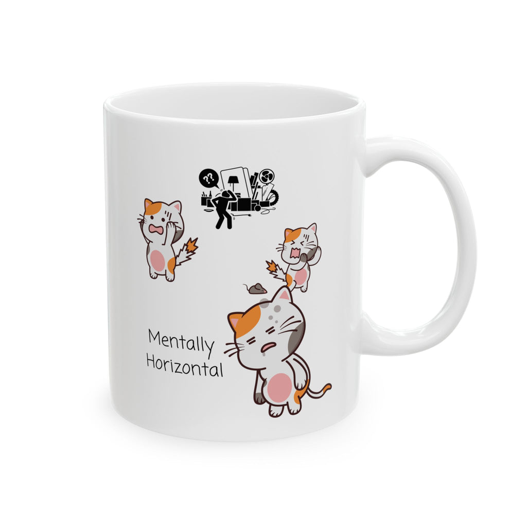 Funny "Mentally Horizontal" Cat Chaos White Ceramic Mug — Frantic Kitties in a Trashed Room (11oz & 15oz)