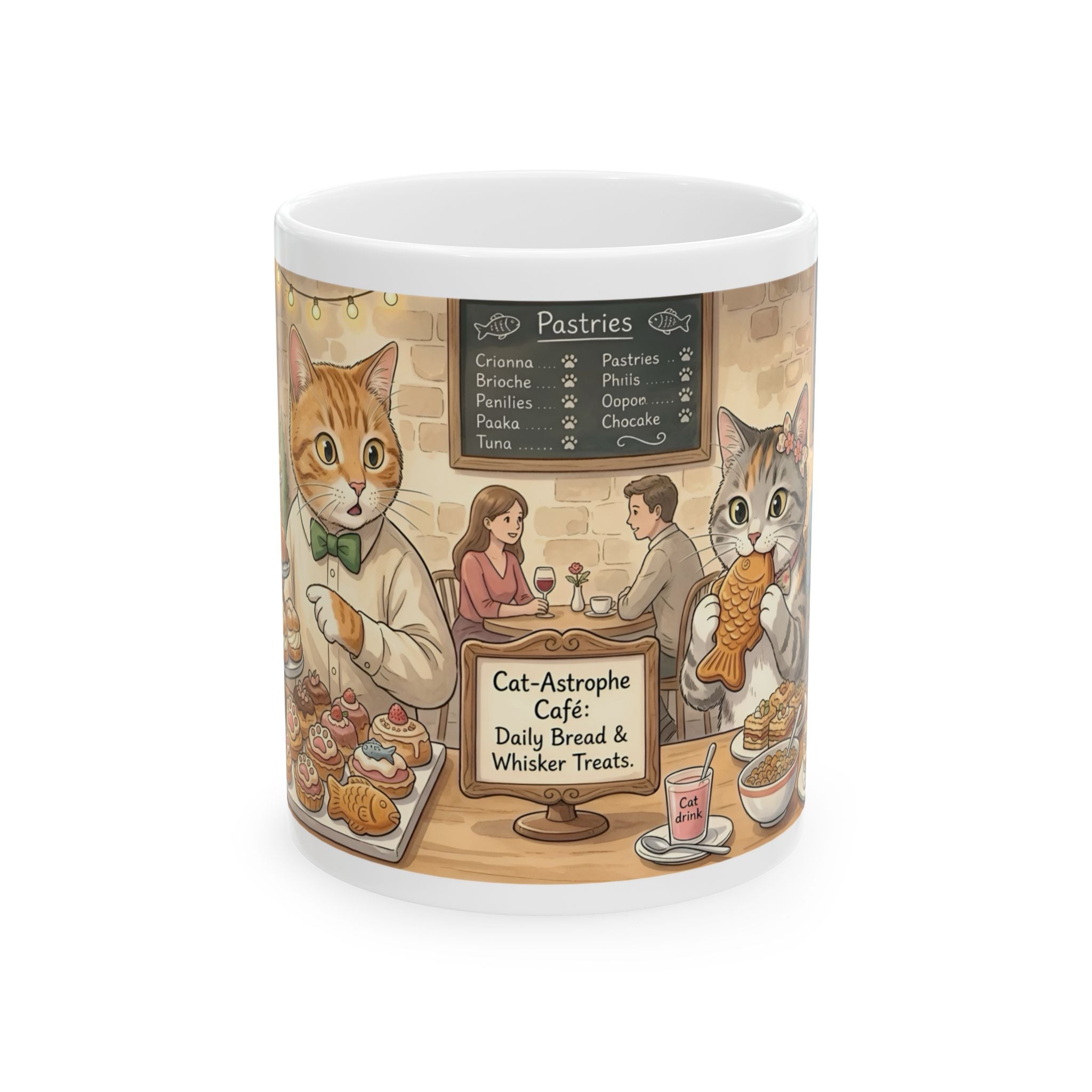 Cat-Astrophe Café White Ceramic Mug — Cute Cat Bakery Date Cup (11oz & 15oz)
