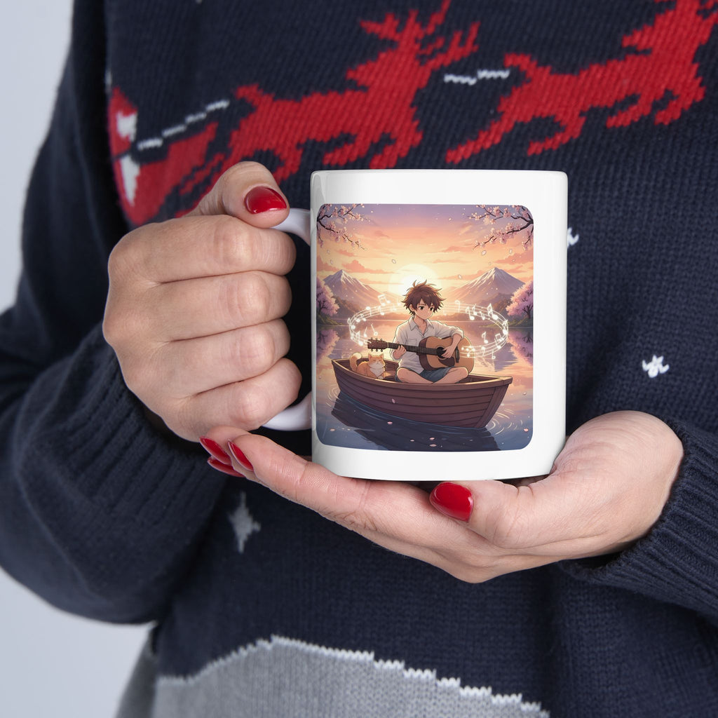 Young Guitarist & Ginger Cat Sunset Lake White Ceramic Mug — Tranquil Nature Musical Companions Cup (11oz, 15oz)