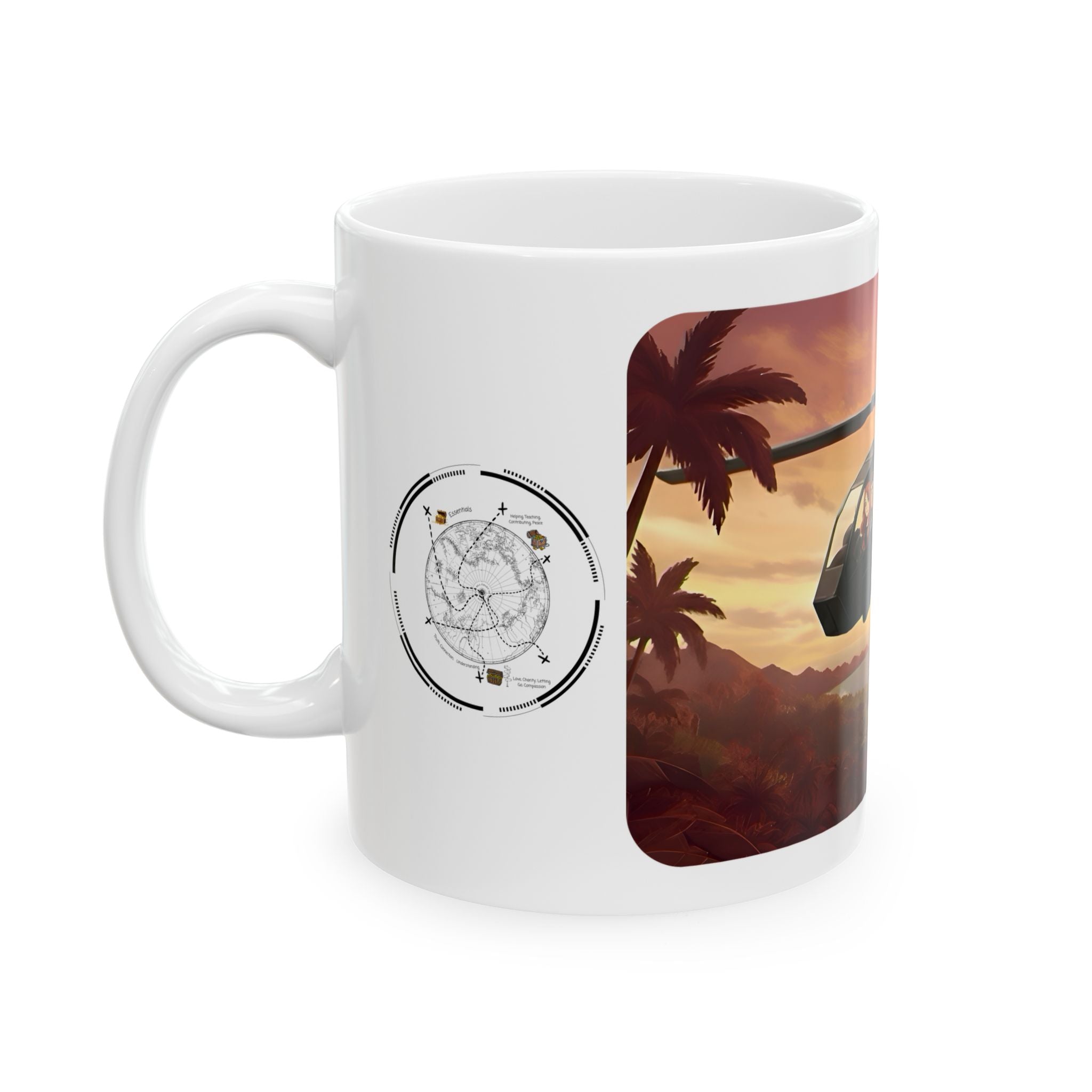 Anime Helicopter Adventure #2 Sunset Beach White Ceramic Mug – Celebrating Companionship, Creativity & Life’s Little Wonders Cup (11oz/15oz)