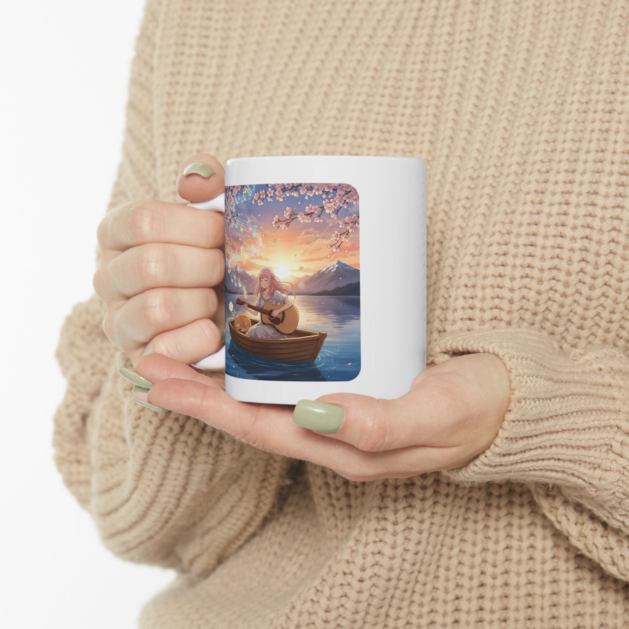 Cozy Guitarist And Her Sleeping Ginger Cat White Ceramic Mug — Japanese Cherry Blossom Mountain Anime Cup (11oz/15oz)