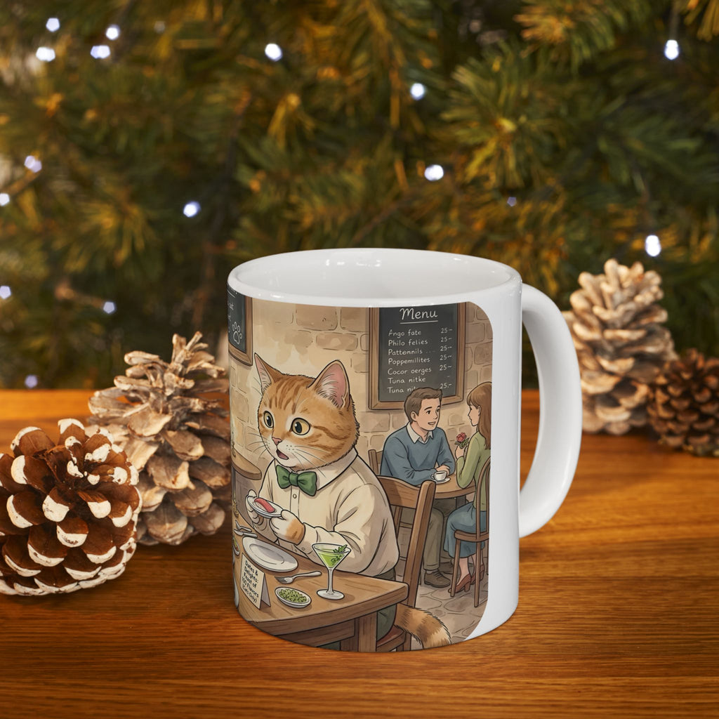 Cat Cafe Breakfast White Ceramic Mug — Cute Cats Dining Tea Cup (11oz/15oz)