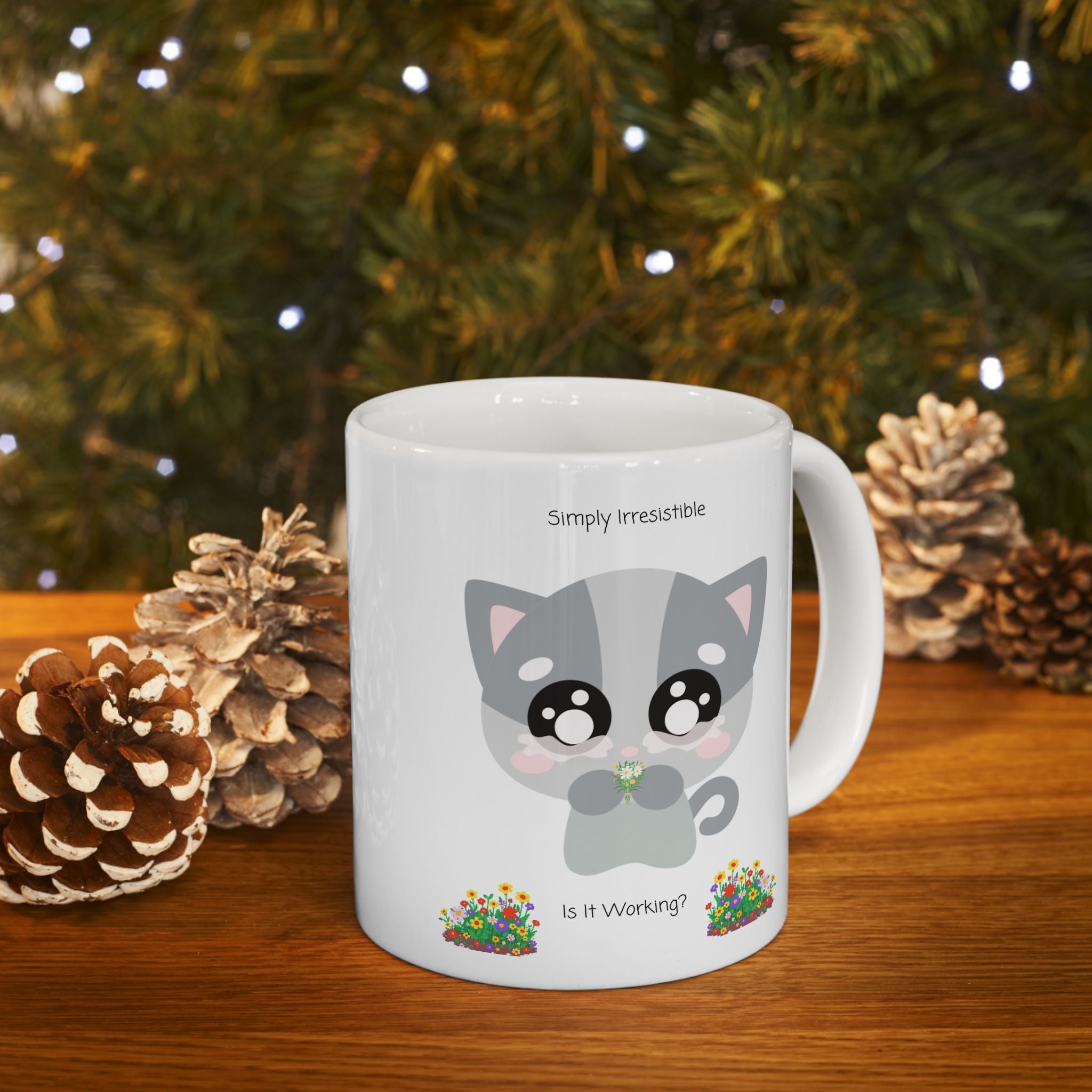 Cozy Simply Irresistible Cat White Ceramic Mug — Floral Kitten Lover Tea Cup (11oz, 15oz)