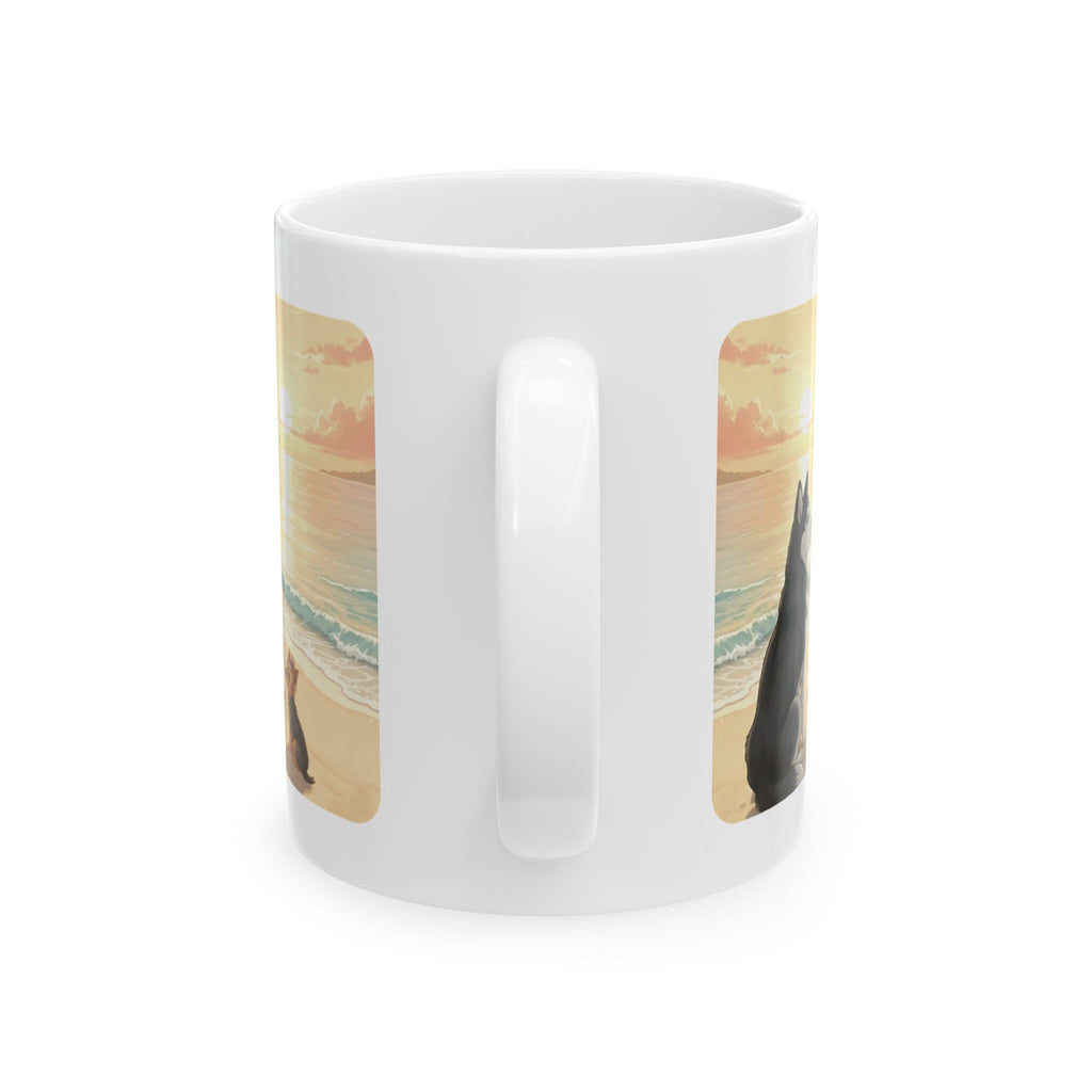 Cozy Peaceful Moments with Pets Sunset Beach White Ceramic Mug — Husky, Yorkie & Orange Cat Tropical Seascape Cup (11oz, 15oz)