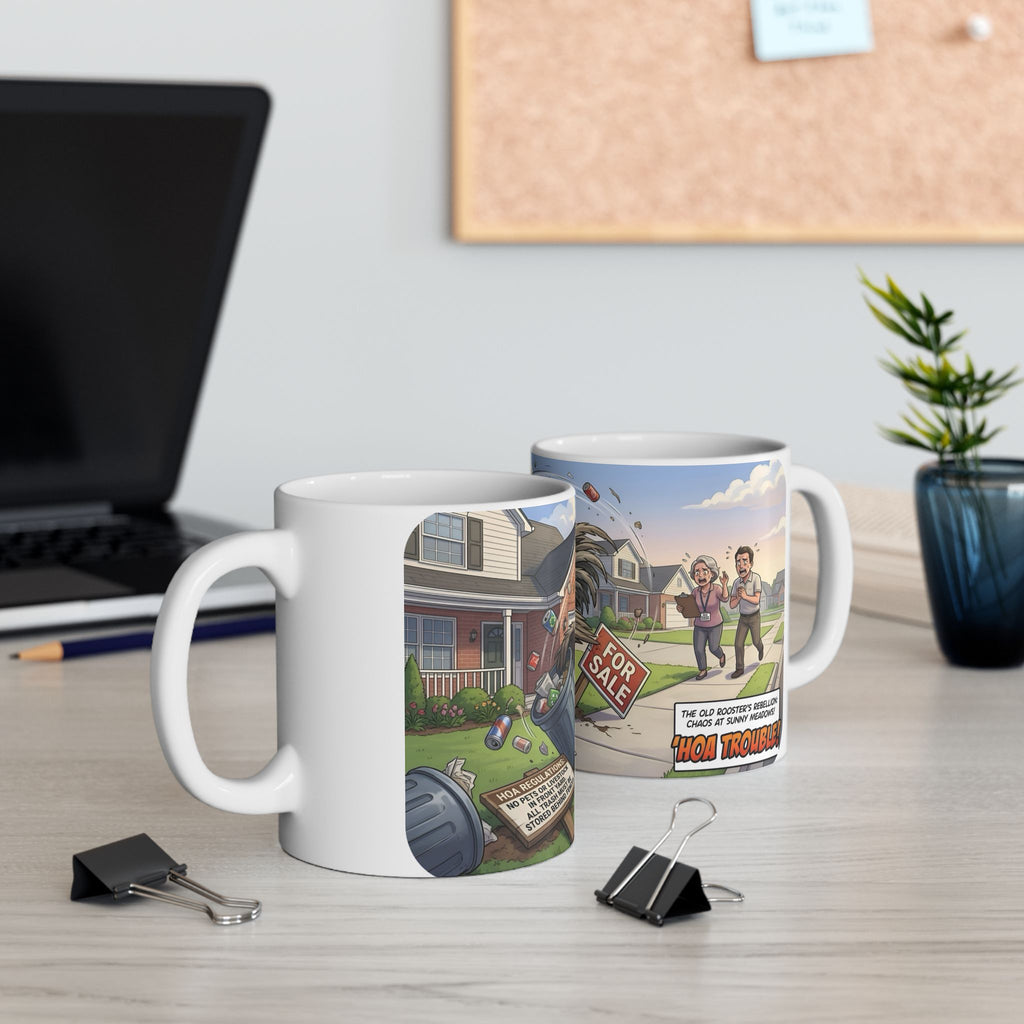 Rooster Rebellion White Ceramic Mug – Funny Morning HOA Trouble Cup (11oz/15oz)