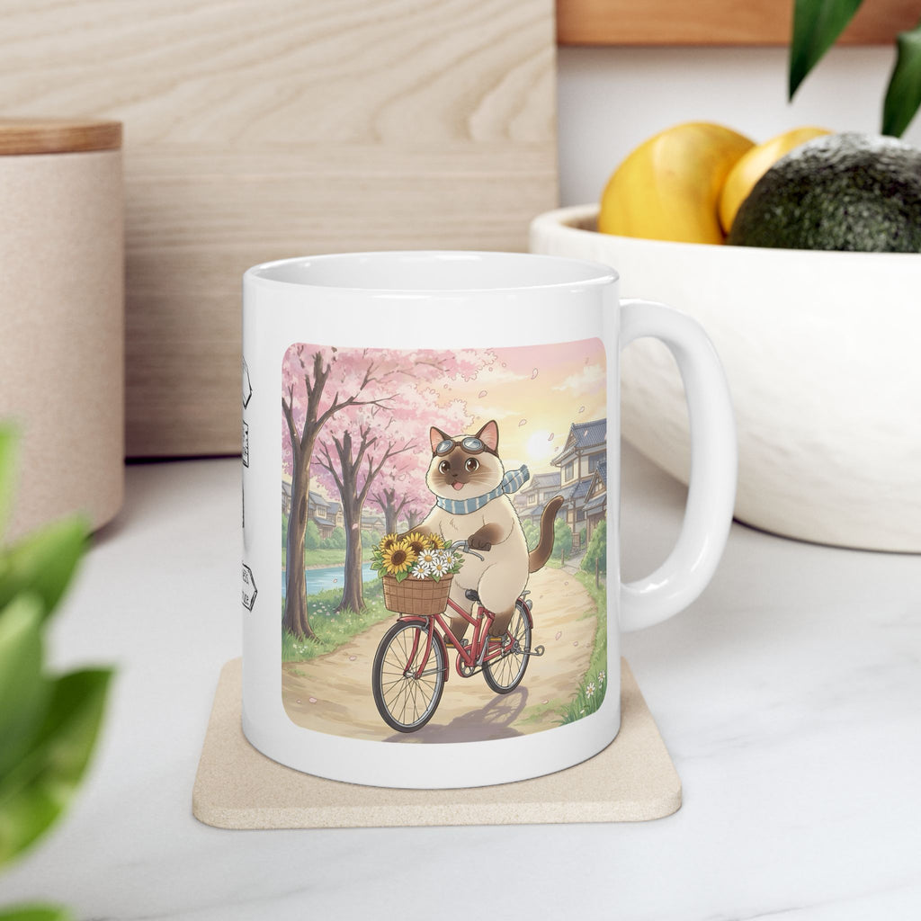 Kawaii Cats Riding Bikes in Sakura Japan White Ceramic Mug — Peaceful River Happy Paws Cup, 11o z & 15oz