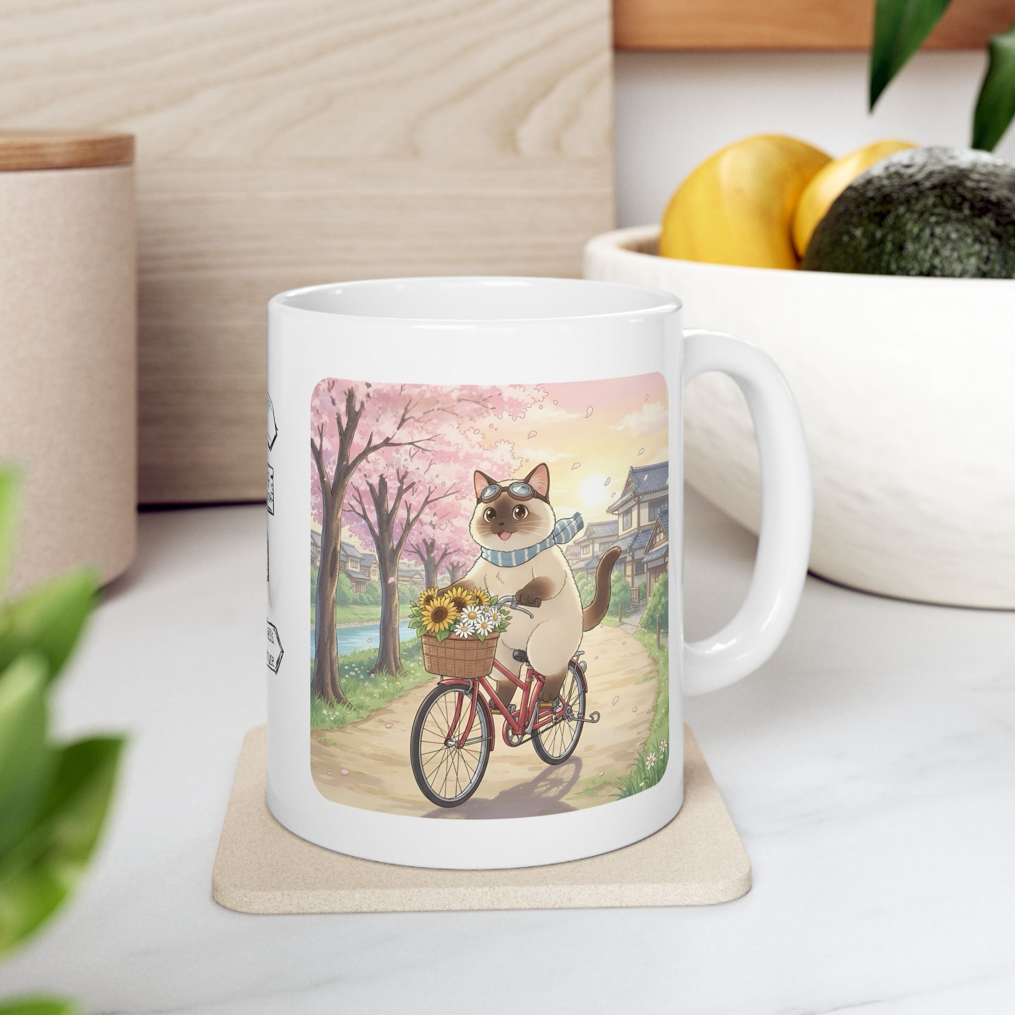 Kawaii Cats Riding Bikes in Sakura Japan White Ceramic Mug — Peaceful River Happy Paws Cup, 11o z & 15oz