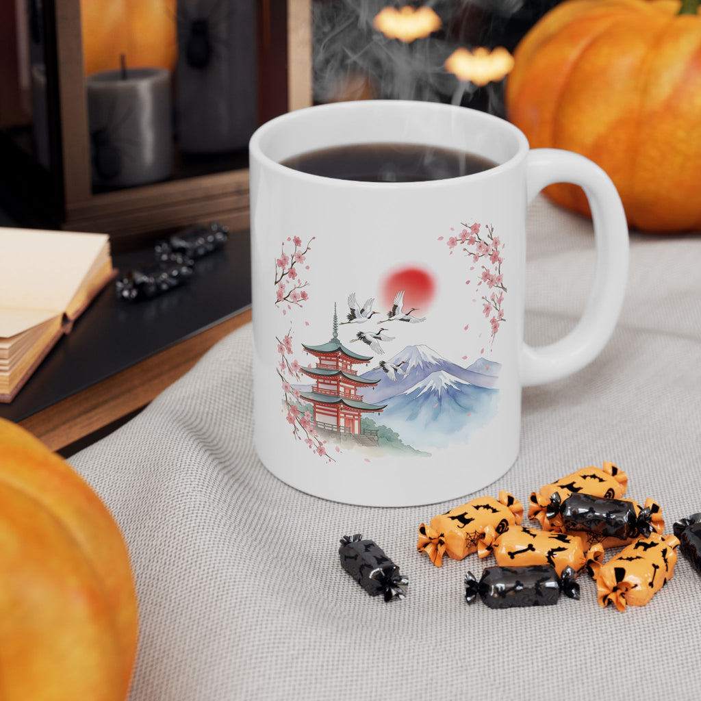 Cherry Blossom Mountain White Ceramic Mug - Japanese Sakura Scenic Tea Cup (11oz, 15oz)