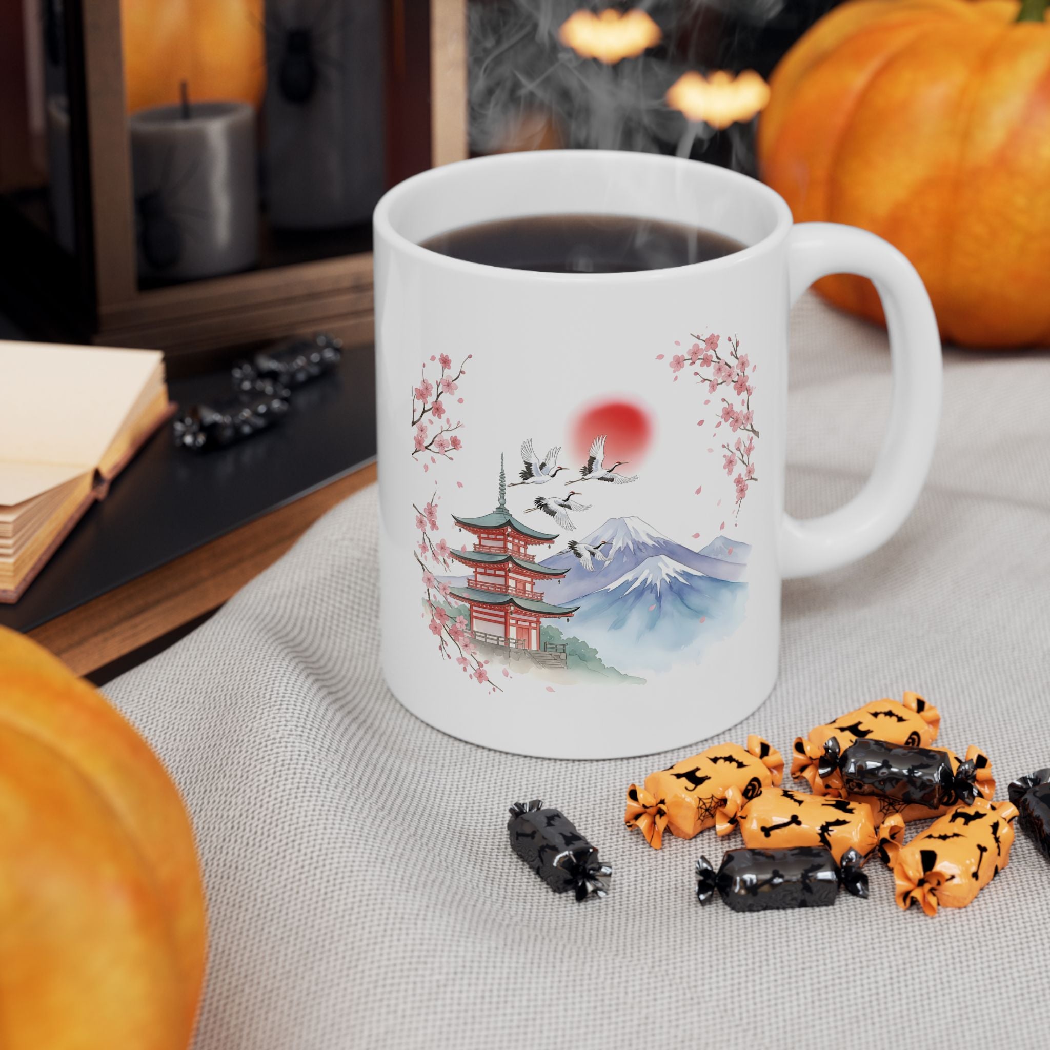 Cherry Blossom Mountain White Ceramic Mug - Japanese Sakura Scenic Tea Cup (11oz, 15oz)