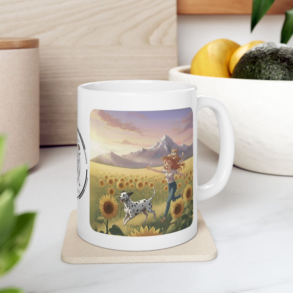 Dalmatian Dog Orange Cat Sunset & Sunflower White Ceramic Mug — Peaceful Waves Anime Girl Boho Beach Vibes Cup (11oz, 15oz)