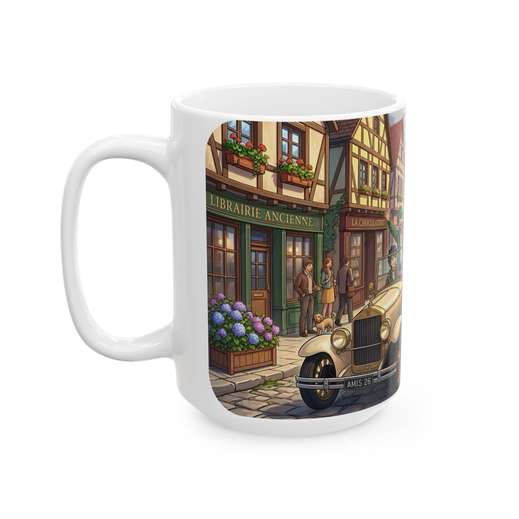 Vintage Village Roadtrip #1 White Ceramic Mug — Classic Cars & Happy Town Friends Cup (11oz, 15oz)