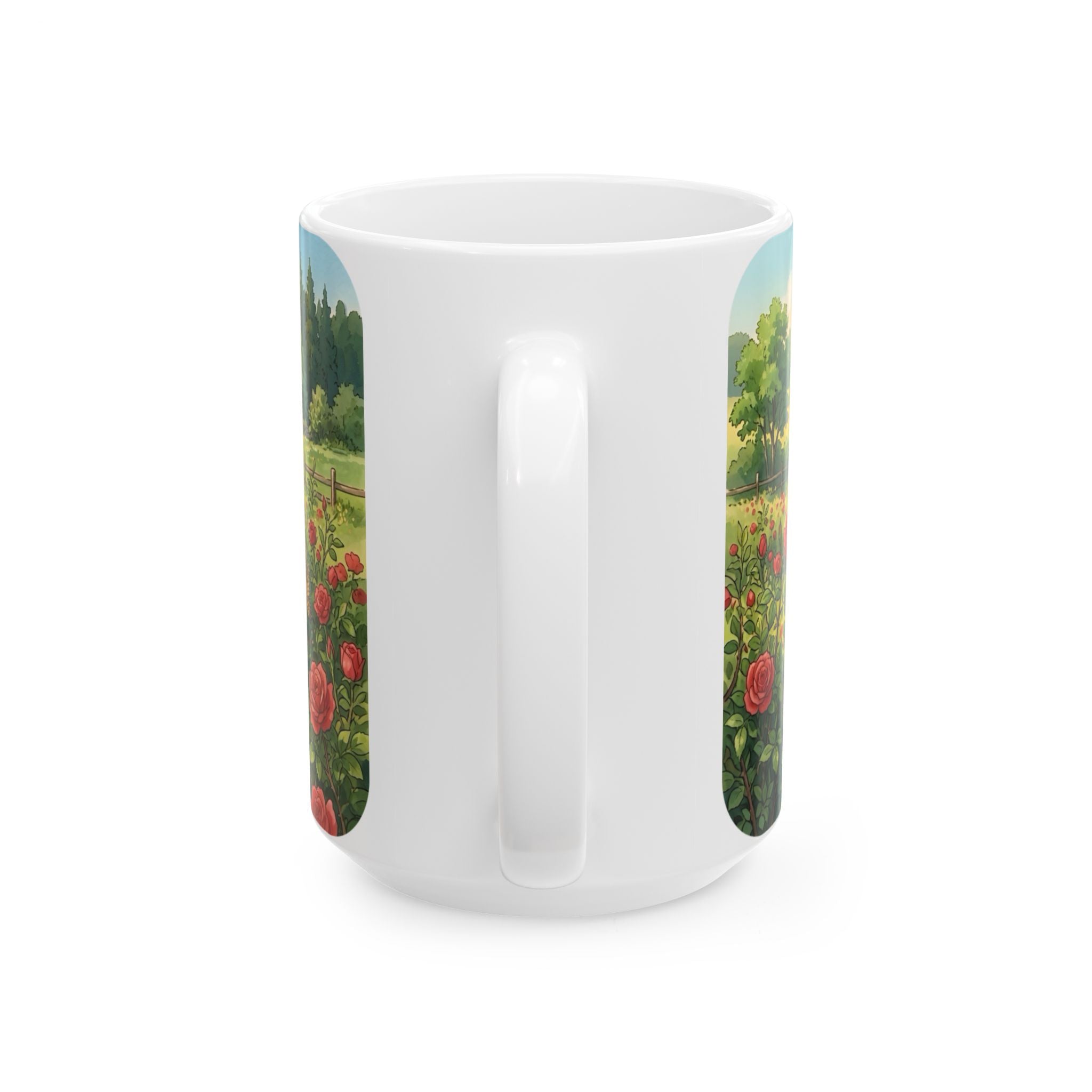 Scenic Countryside White Ceramic Mug — Floral Garden & Butterflies 11oz/15oz