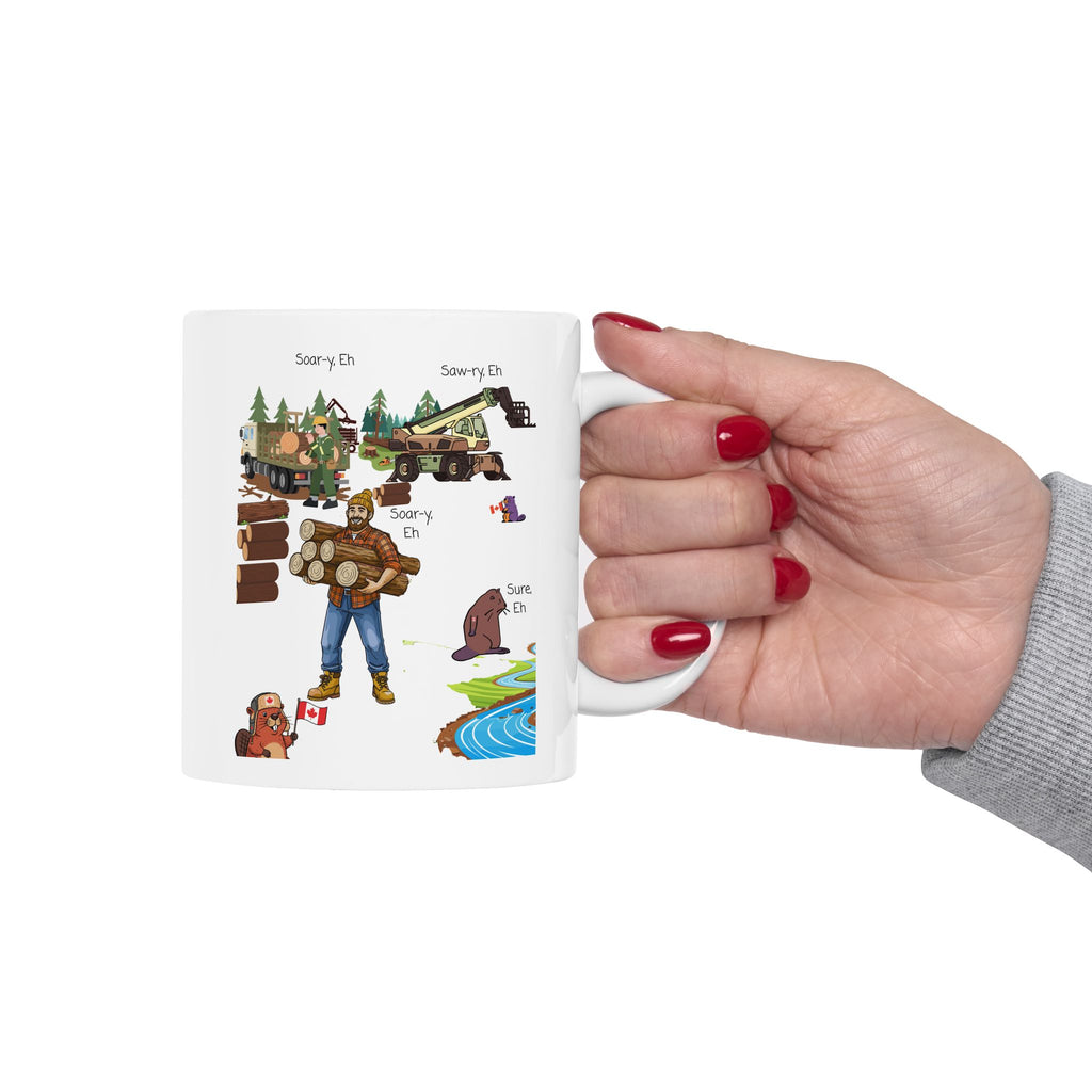 Cute Woodland Beavers With Canadian Lumberjacks On A White Ceramic Mug (11oz, 15oz), We Love Canada Loggers Cup
