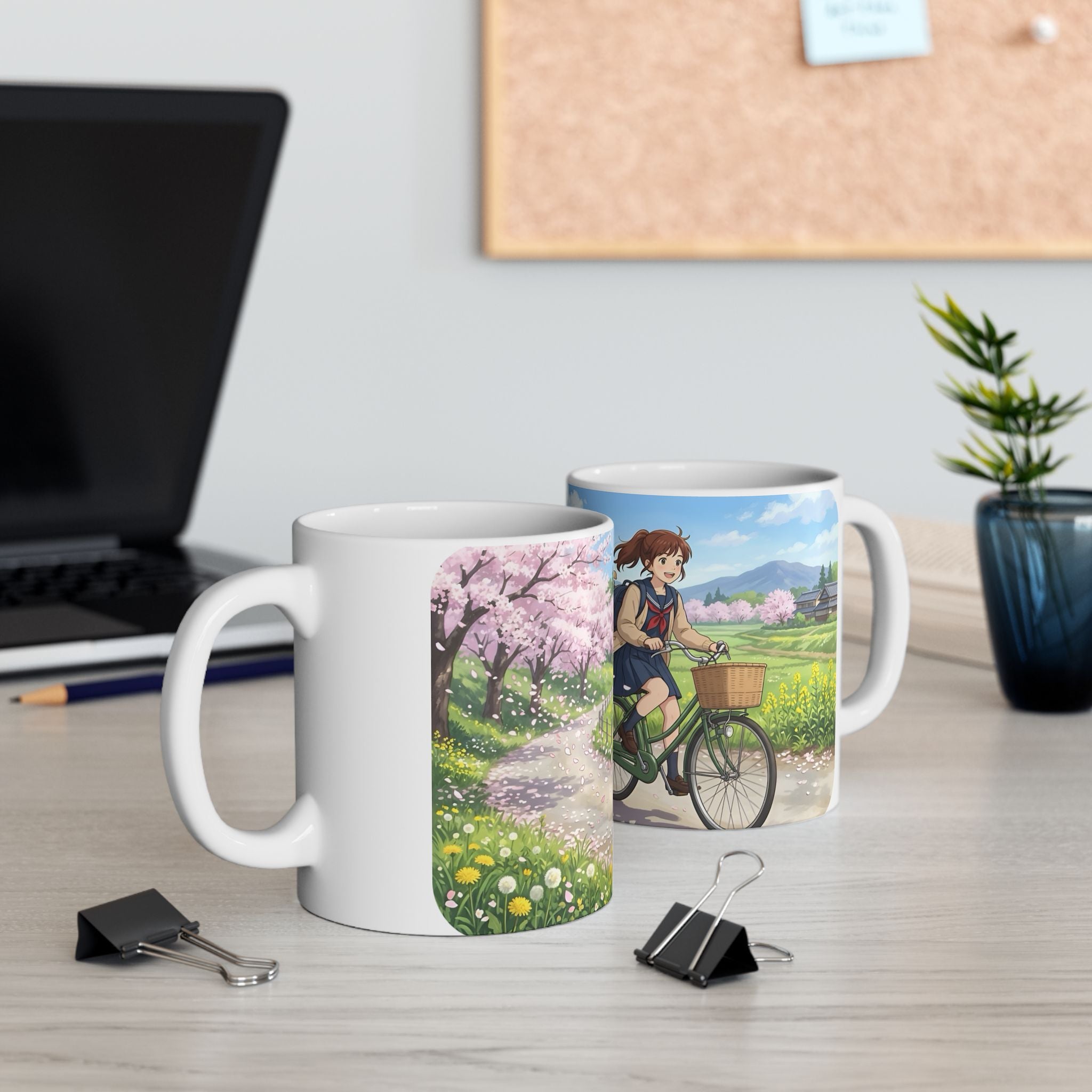 A Quiet Moment of Escape White Ceramic Mug — Sunlit Spring Sakura Cycling Cup (11oz, 15oz)