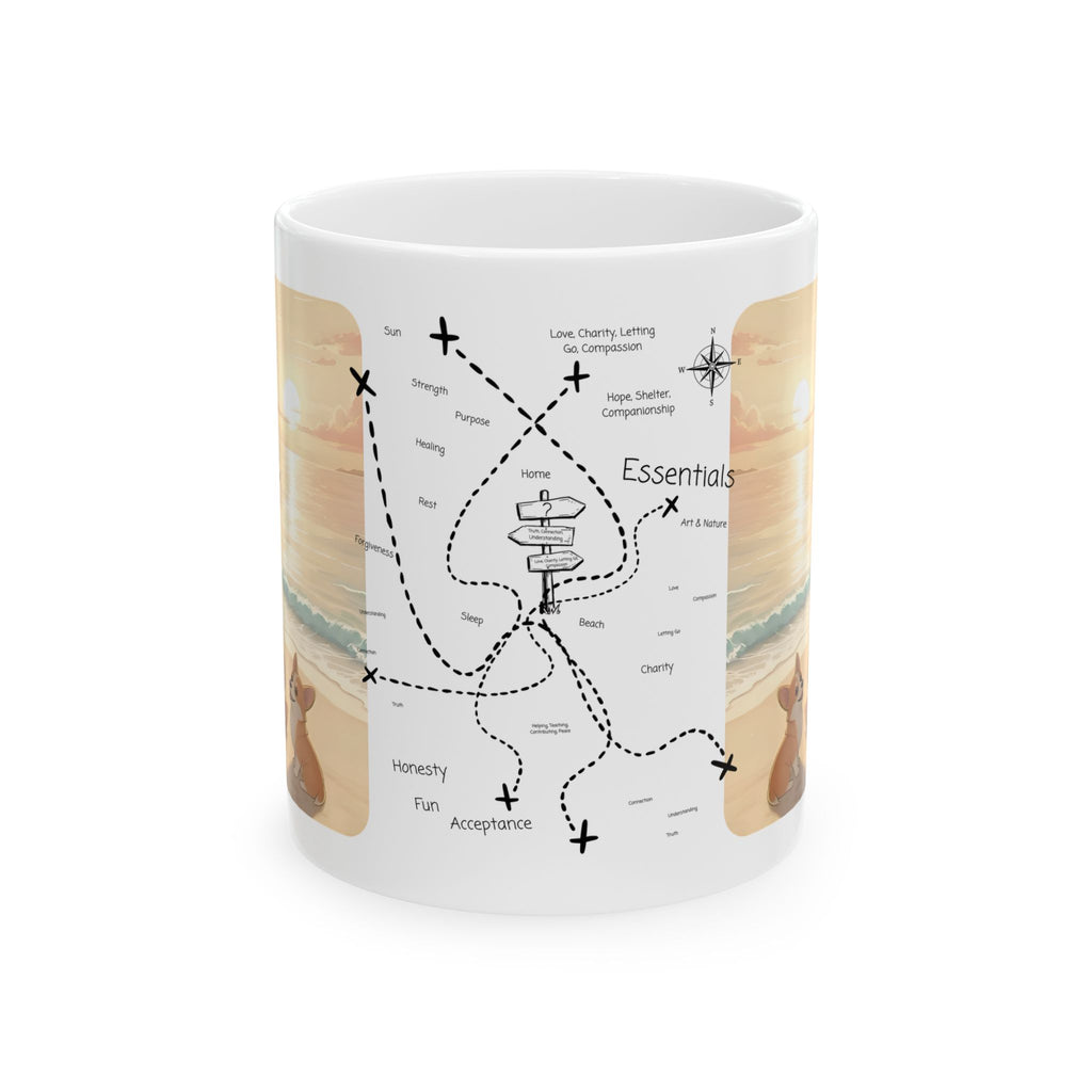 Cute Corgi Dog & Orange Cat Tropical Seascape White Ceramic Mug, Cozy Pembroke Welsh Corgi Mom on Beach Cup (11oz, 15oz)