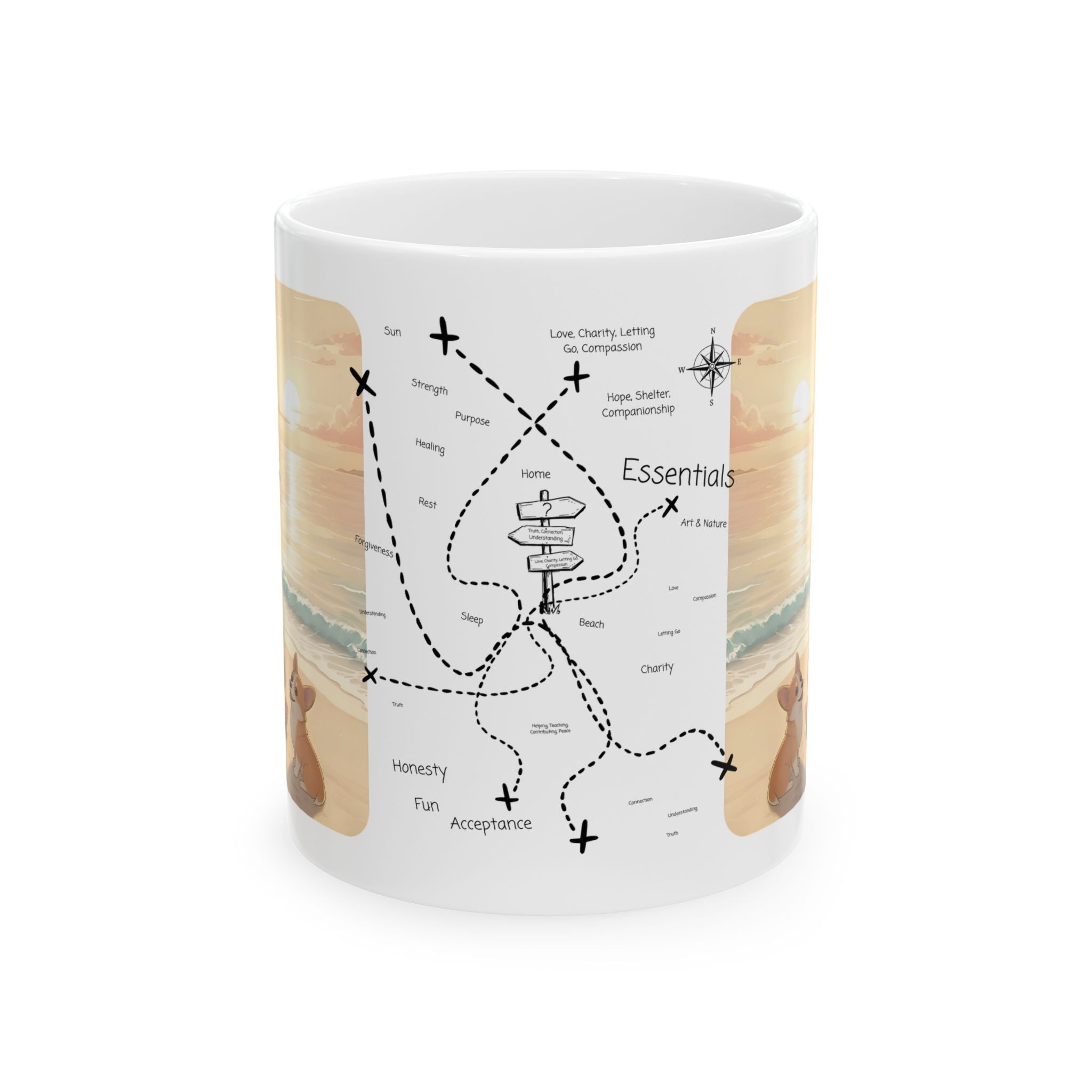 Cute Corgi Dog & Orange Cat Tropical Seascape White Ceramic Mug, Cozy Pembroke Welsh Corgi Mom on Beach Cup (11oz, 15oz)