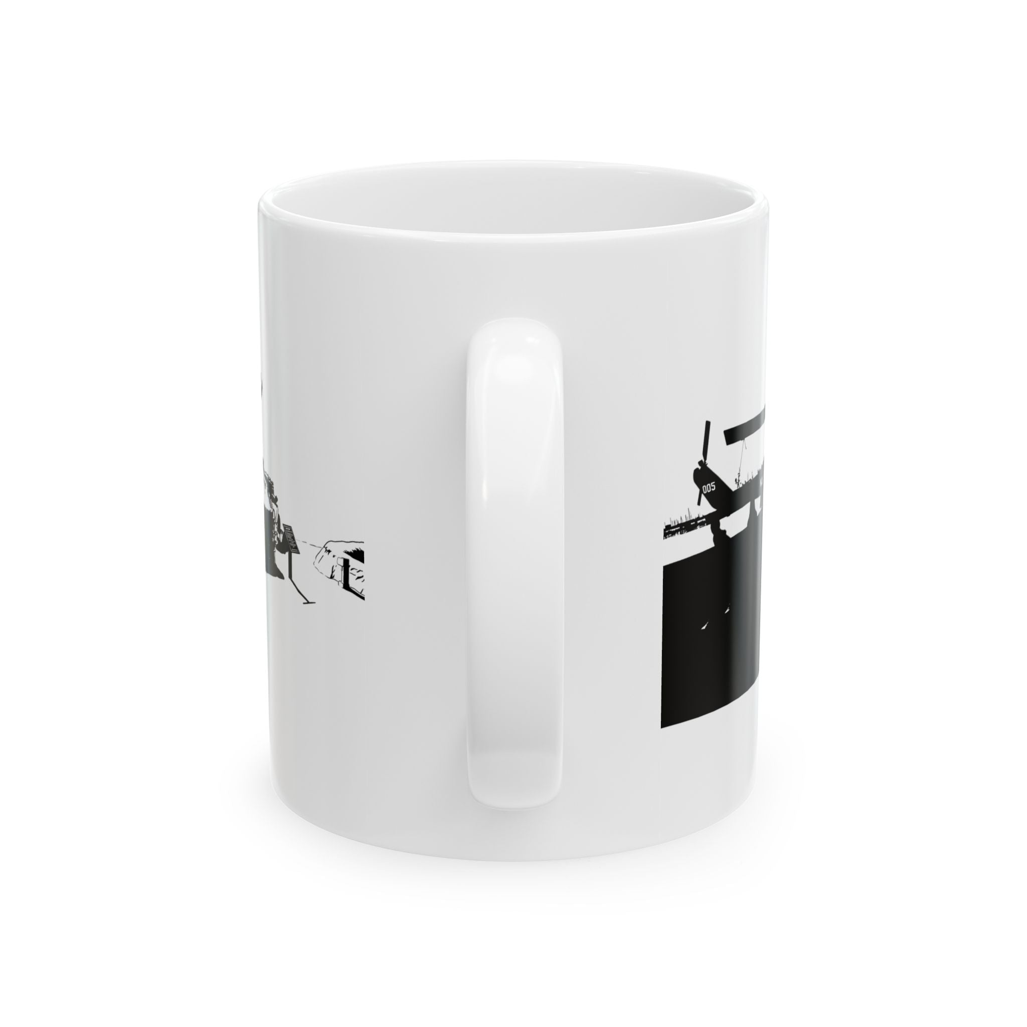 Harbor Panorama White Ceramic Mug — Black & White Maritime Port Cup (11oz, 15oz)