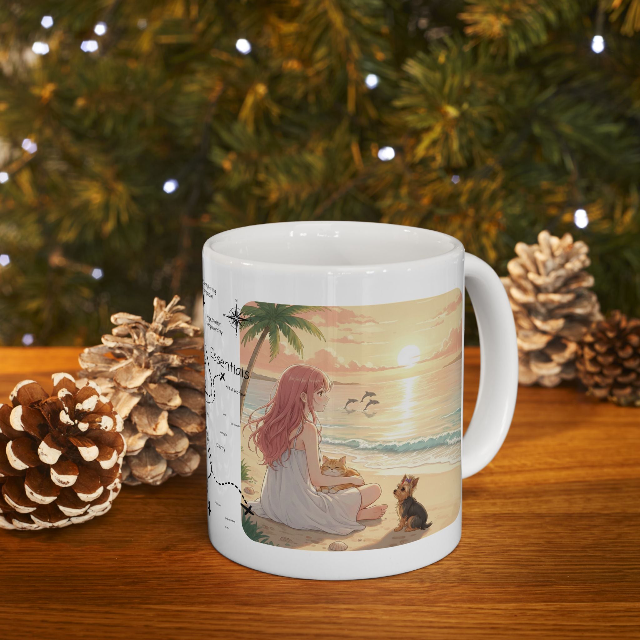 Cozy Peaceful Moments with Pets Sunset Beach White Ceramic Mug — Husky, Yorkie & Orange Cat Tropical Seascape Cup (11oz, 15oz)