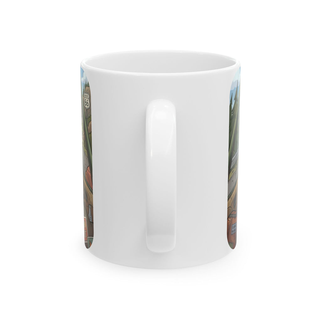 Angry Cats On A Road Trip White Ceramic Mug — Funny Kitty Crew Travel Cup (11oz, 15oz)