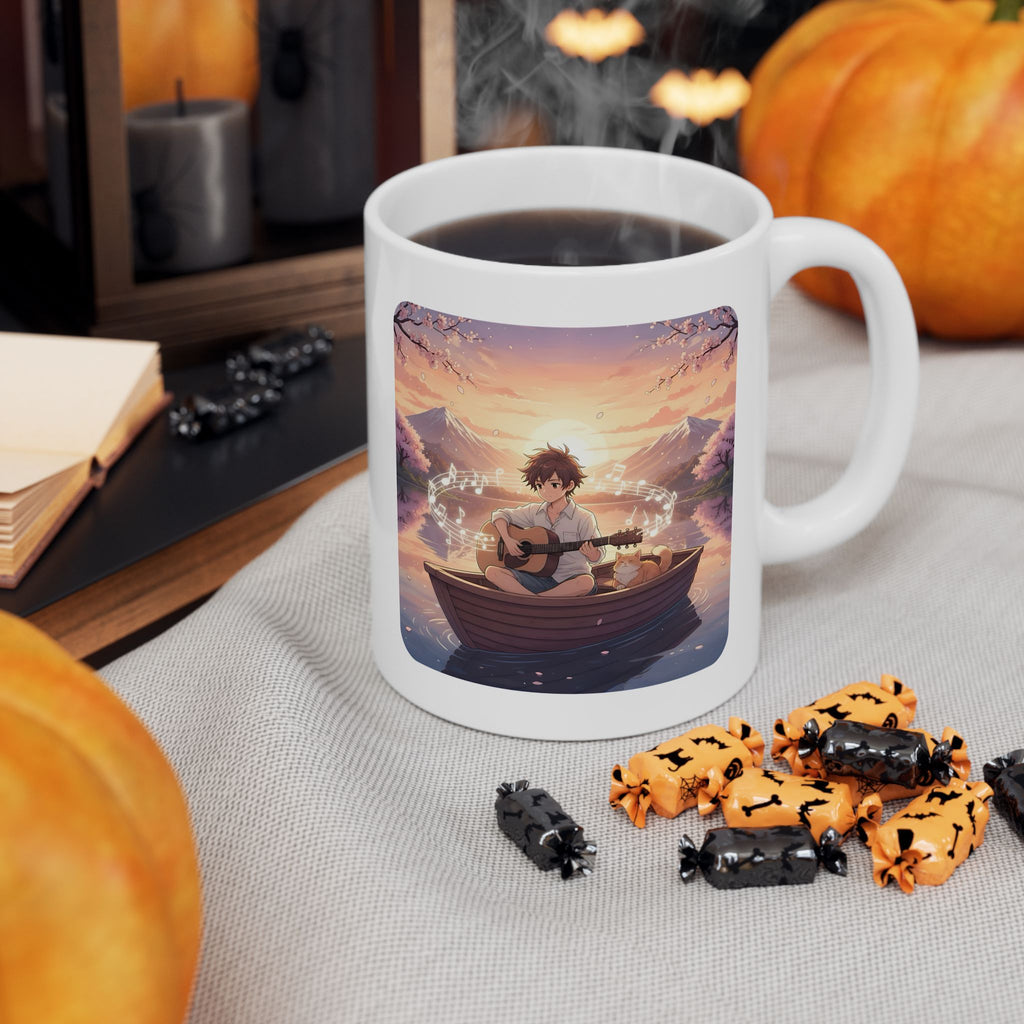 Young Guitarist & Ginger Cat Sunset Lake White Ceramic Mug — Tranquil Nature Musical Companions Cup (11oz, 15oz)
