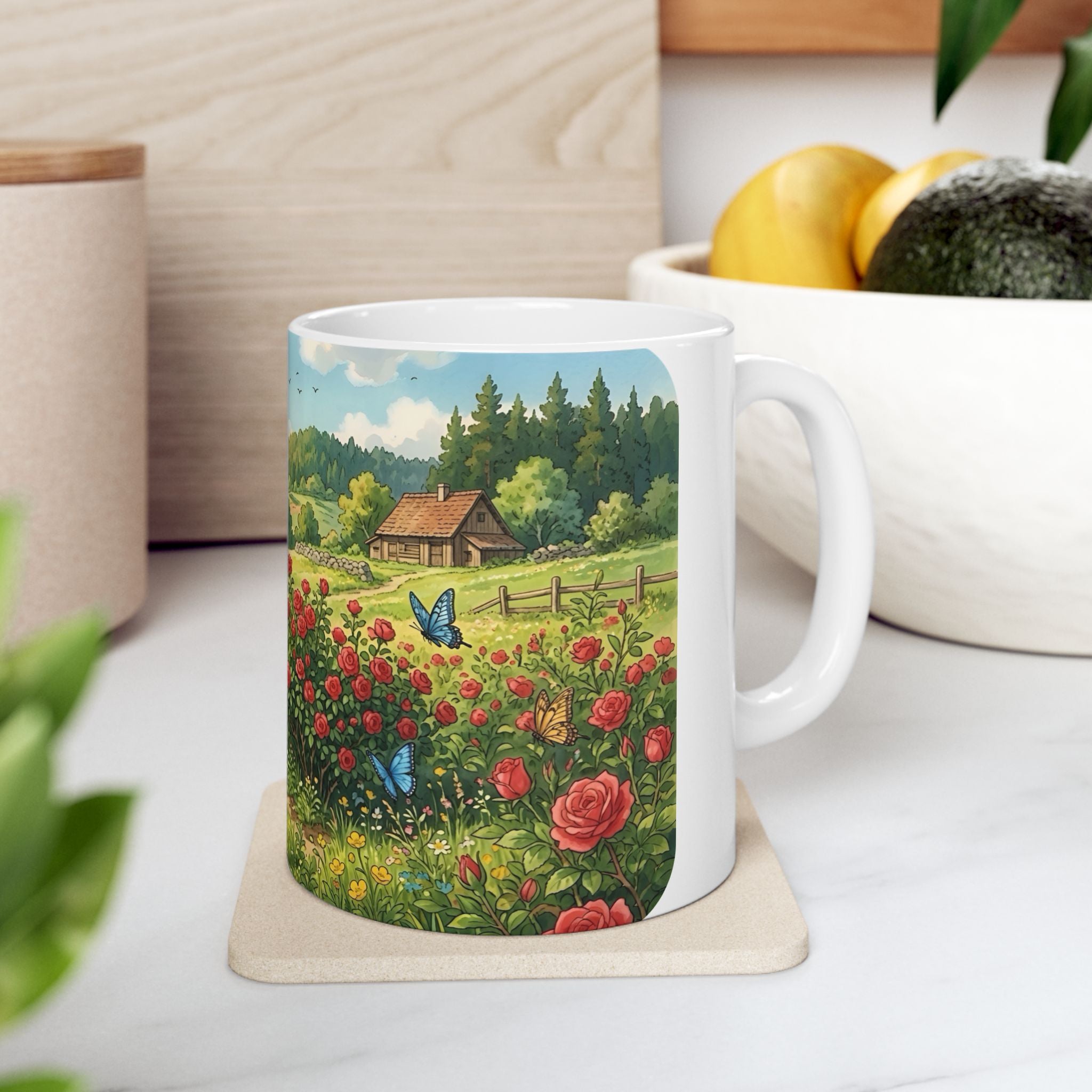 Scenic Countryside White Ceramic Mug — Floral Garden & Butterflies 11oz/15oz