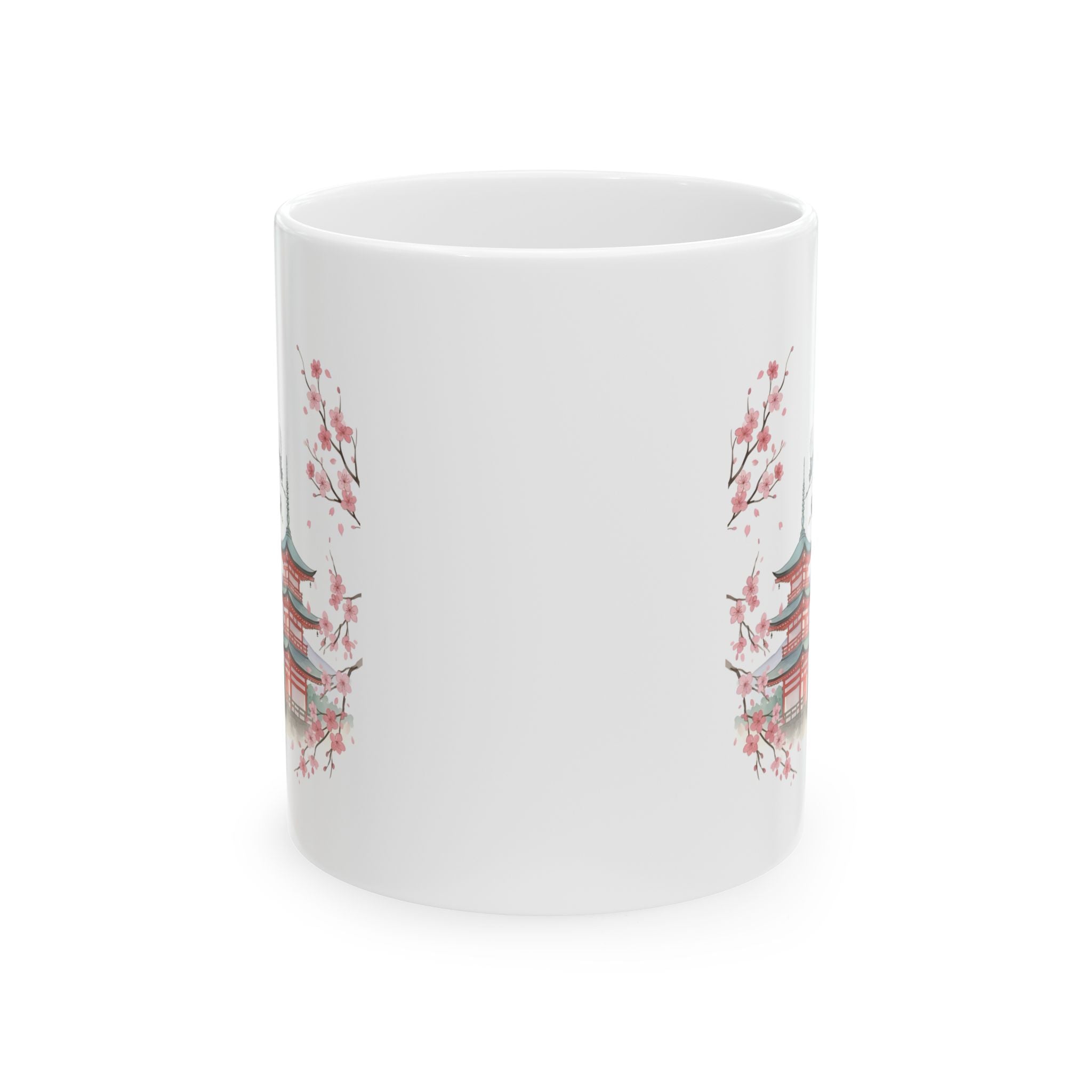 Cherry Blossom Mountain White Ceramic Mug - Japanese Sakura Scenic Tea Cup (11oz, 15oz)