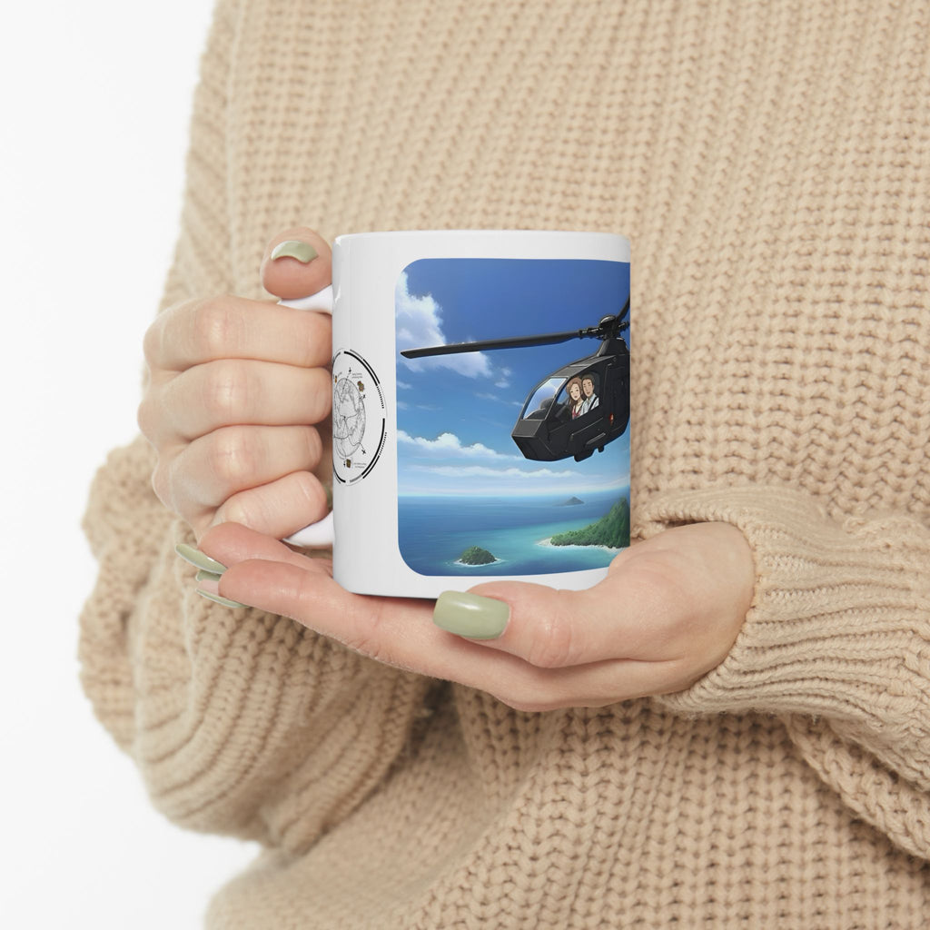 Anime Helicopter Adventure #1 Beach & The Tropical Island White Ceramic Mug – Celebrating Companionship, Creativity & Life’s Little Wonders Cup (11oz/15oz)