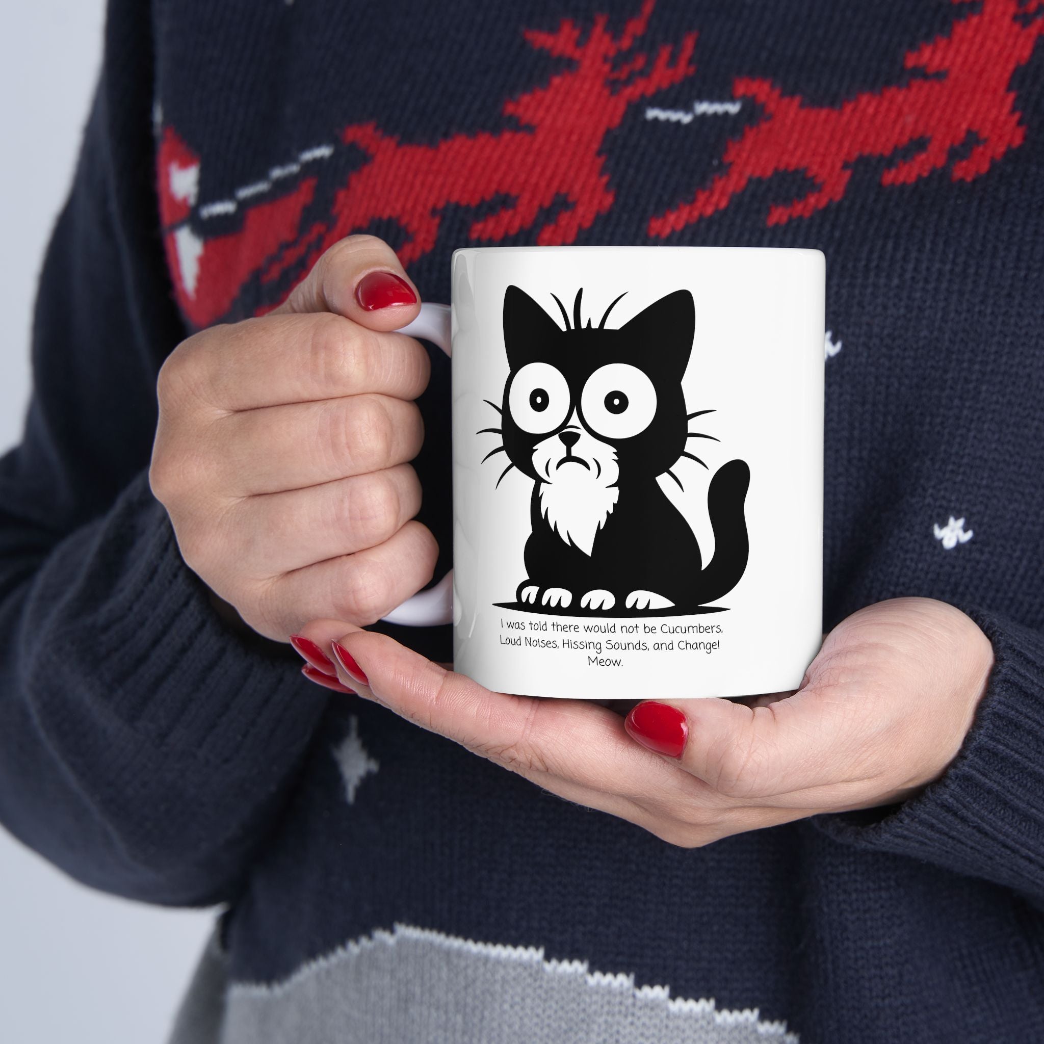 Cat Contemplating Catastrophe White Ceramic Mug - Cute Anxious Black Kitten Tea Cup (11oz & 15oz)