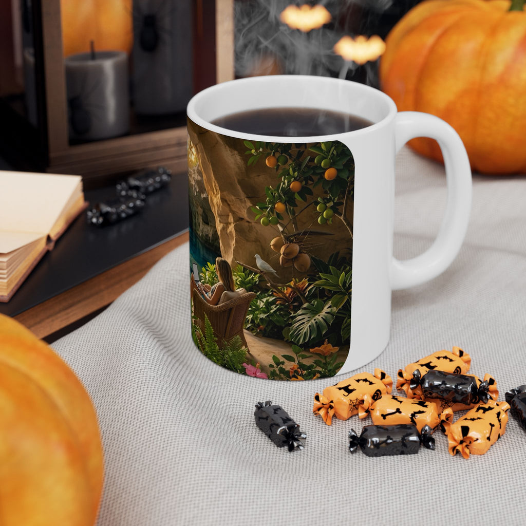 Tropical Cave Paradise White Ceramic Mug,  Relaxing Escape Cup (11 oz, 15 oz)