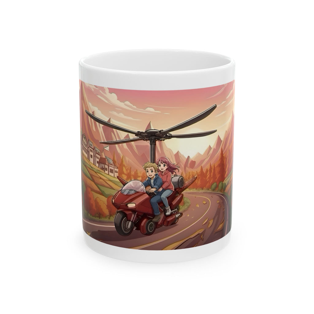 Flying Motorcycles White Ceramic Mug – Friends, Family & Imaginative Adventures, Celebrating Companionship, Creativity & Life’s Little Wonders Cup (11oz/15oz)