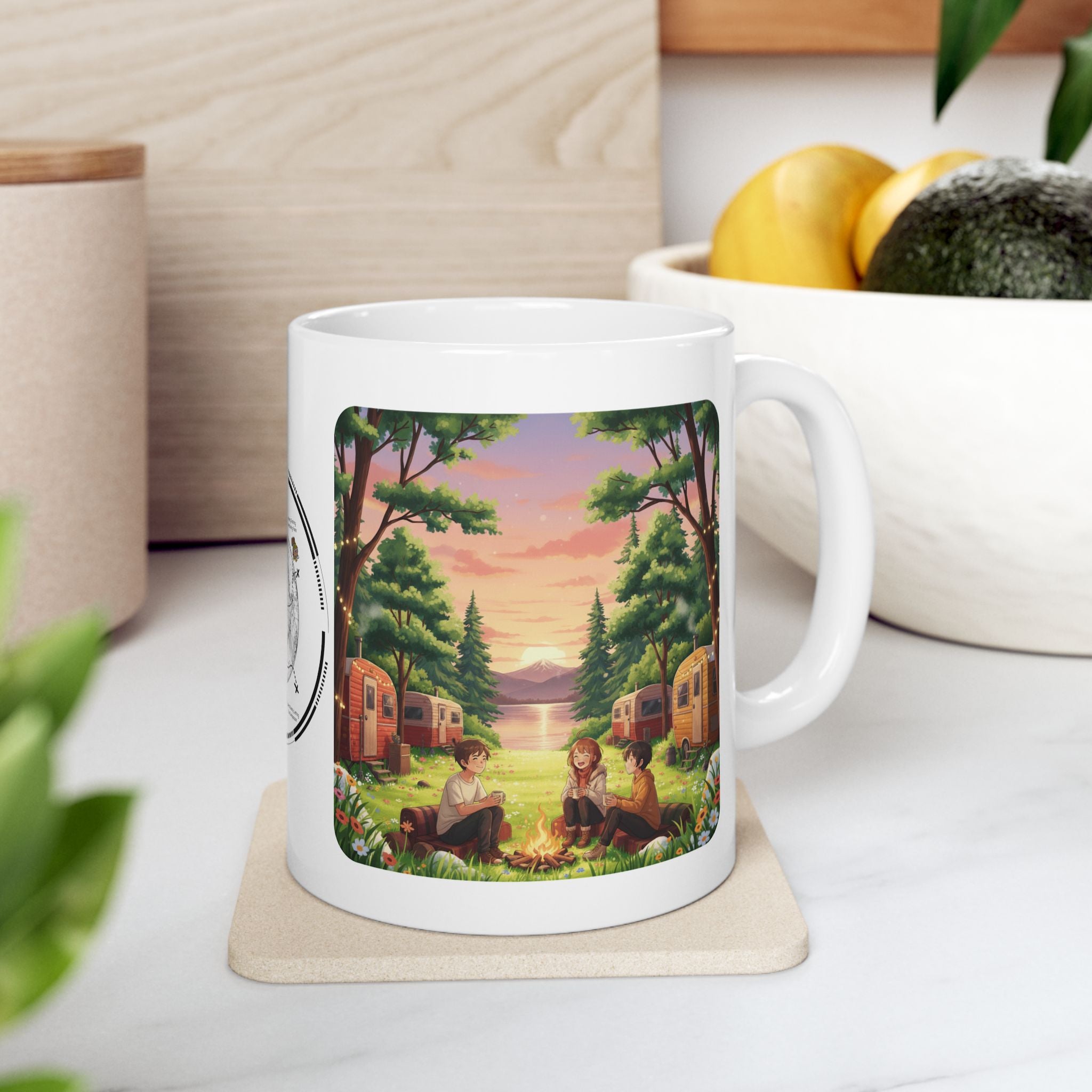 Cozy Hearth & Home White Ceramic Mug — Sunset Mountain View Vintage Camper Cup (11oz/15oz)