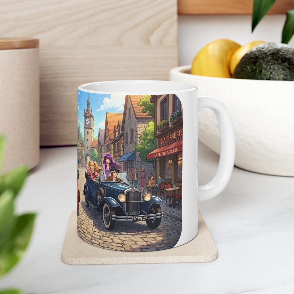Vintage Village Roadtrip #2 White Ceramic Mug — Classic Cars & Happy Town Friends Cup (11oz, 15oz)