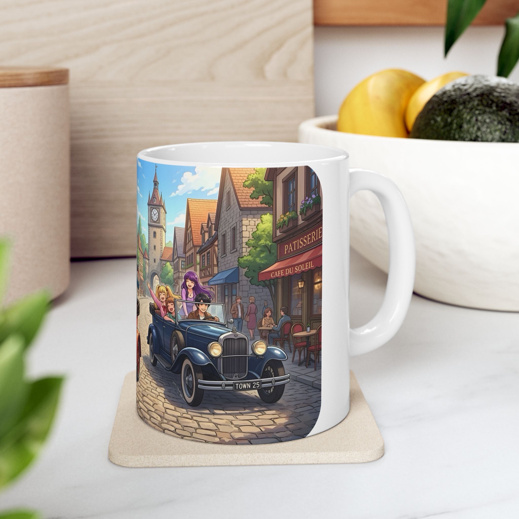 Vintage Village Roadtrip #2 White Ceramic Mug — Classic Cars & Happy Town Friends Cup (11oz, 15oz)