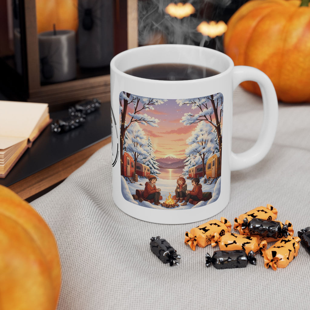 Autumn Leaves & Winter Snow Sunset White Ceramic Mug — Cozy Camping Fall & Winter Cottagecore Cup (11oz & 15oz)