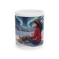 Cozy Winter Night Sky & Reindeer Charm Anime White Ceramic Mug — Greyhound & Siberian Cat under Northern Lights Cup (11oz, 15oz)