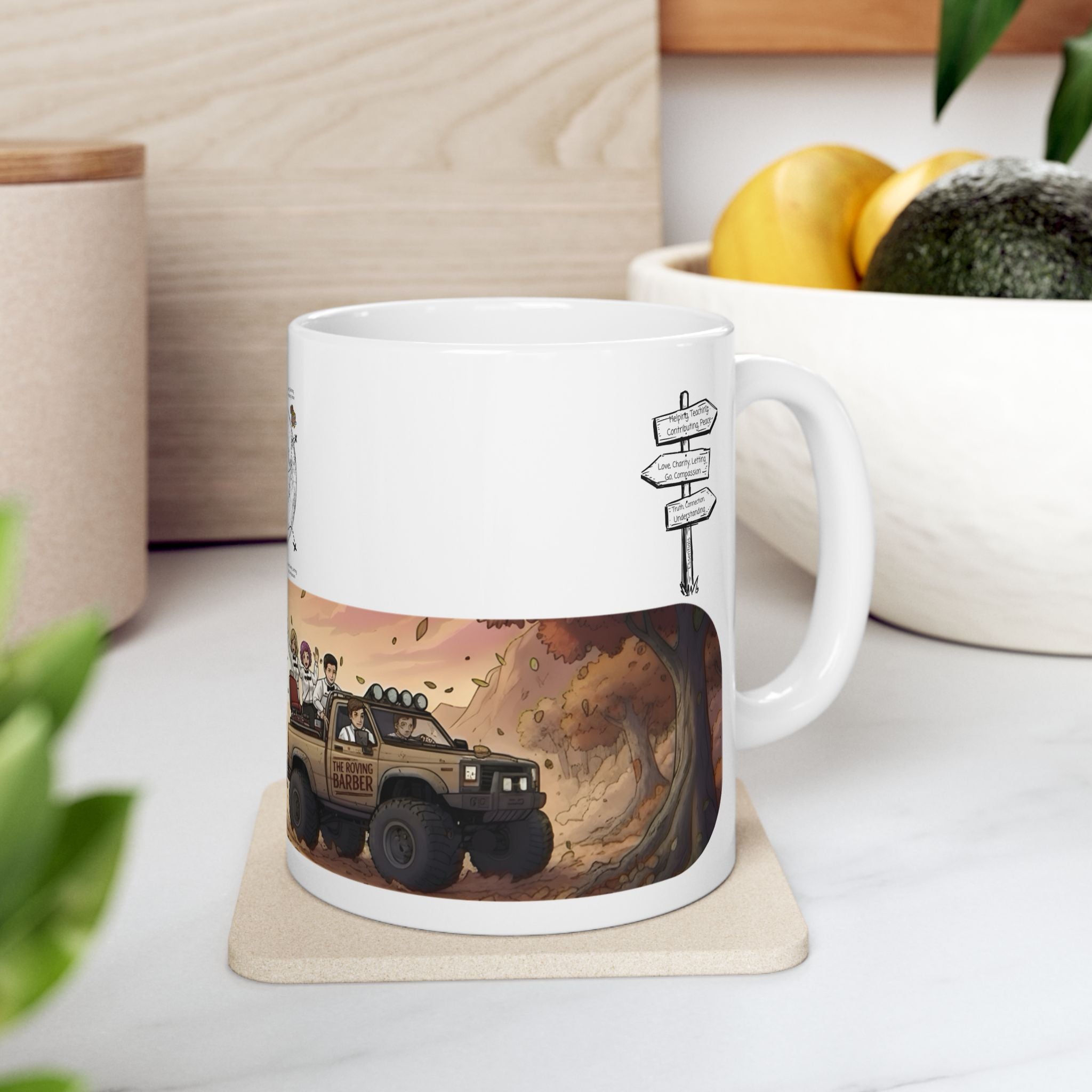 Adventure 4x4 Trucks #4, The Roving Barber White Ceramic Mug — Find Your Path To The Essentials Cup (11oz & 15oz)
