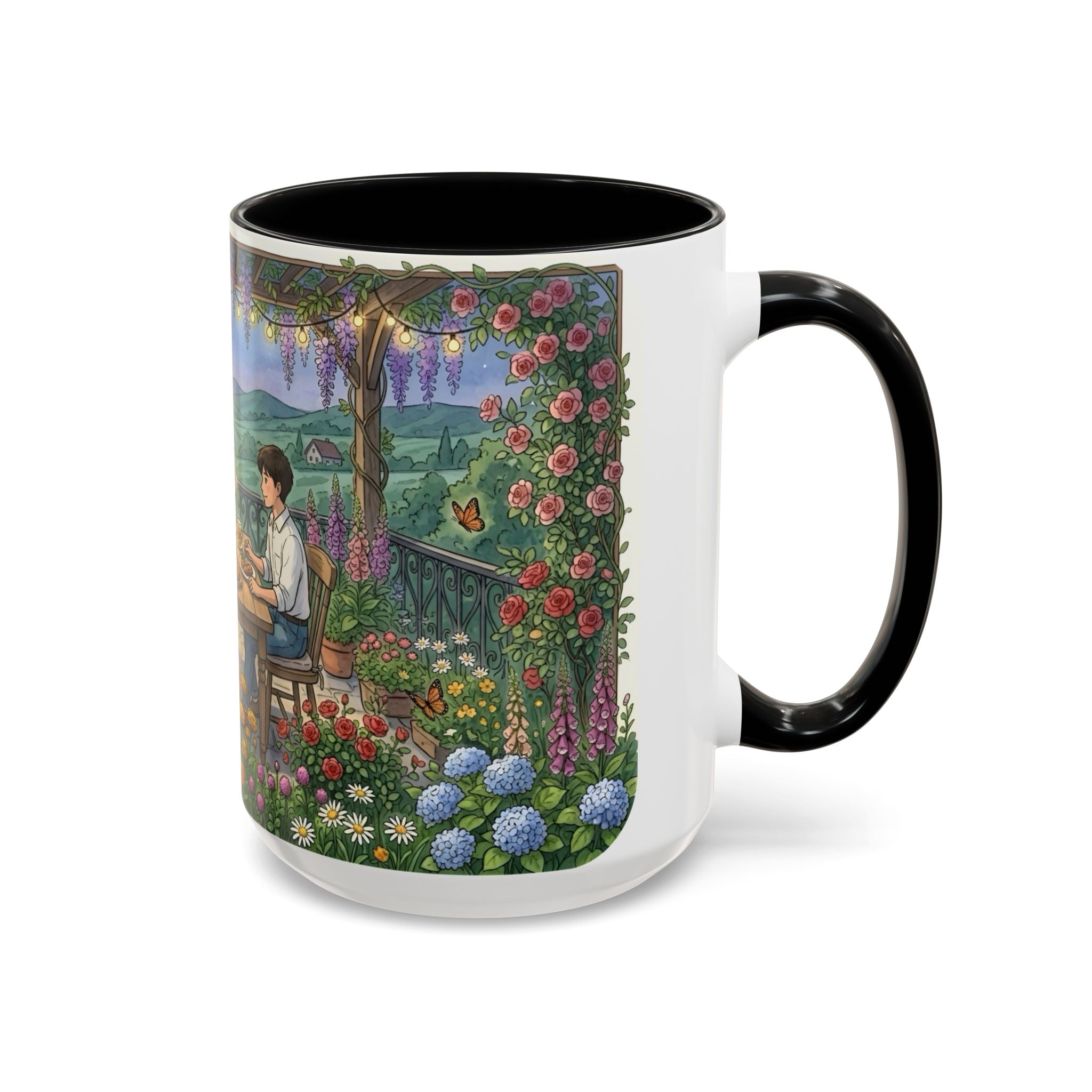 Cozy Romantic Garden Dinner Ceramic Mug — Couples Outdoor Bistro Cup (11 oz, 15 oz)