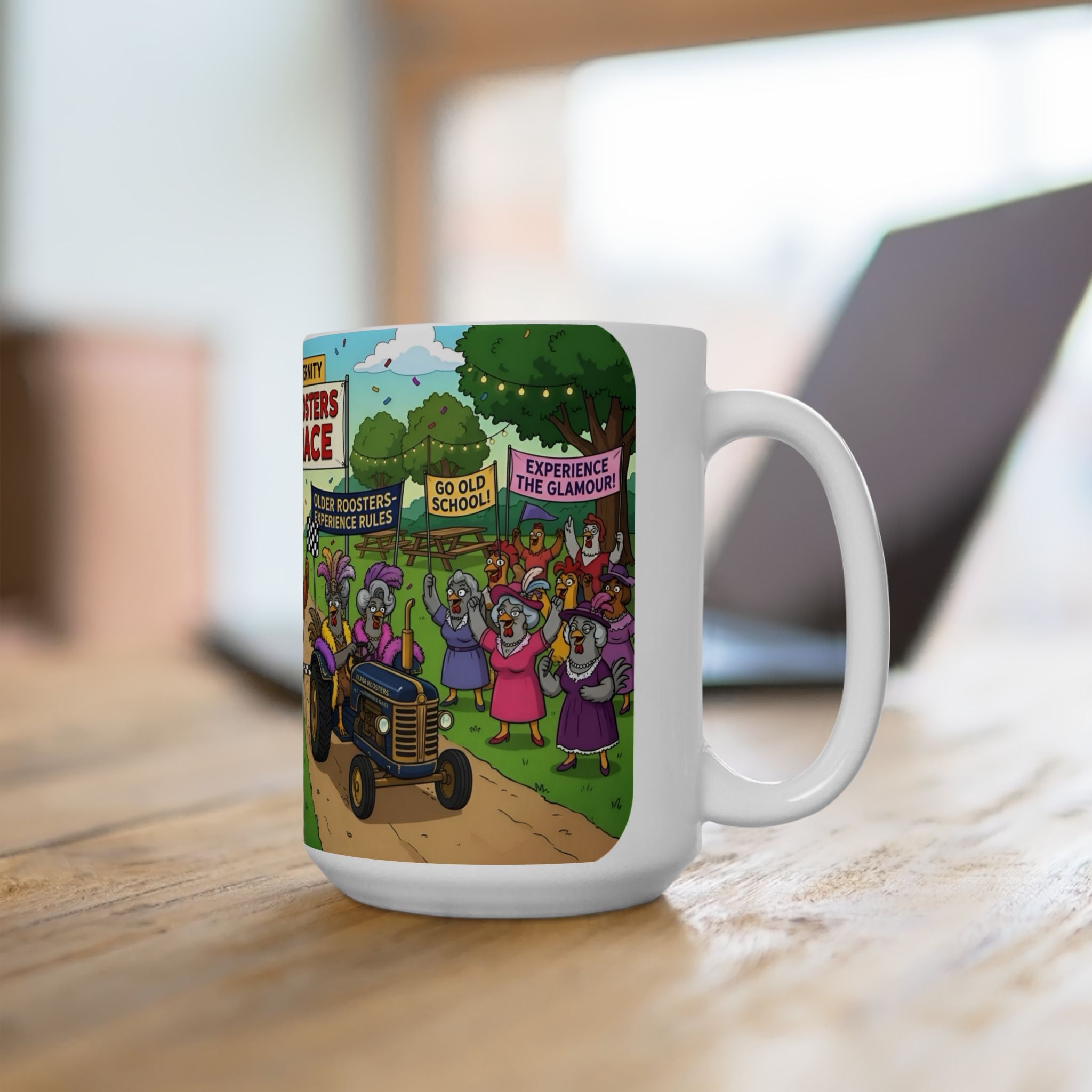 Hens & Roosters Drag Race White Ceramic Mug — Funny Farm Fraternity Racing Tea Cup (11oz/15oz)