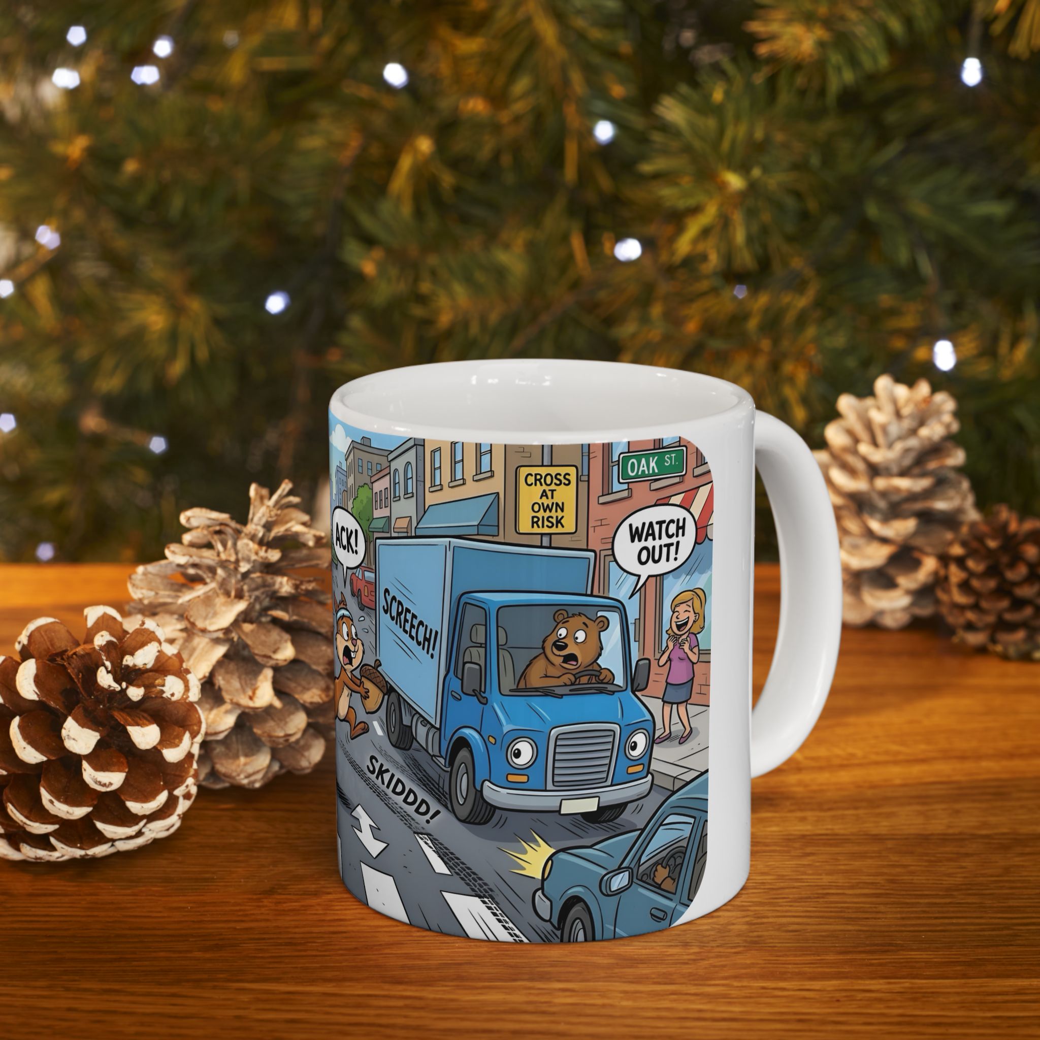 Nutsy's Crossy Road White Ceramic Mug – Adventurous Squirrel Crossing Cup (11oz/15oz)