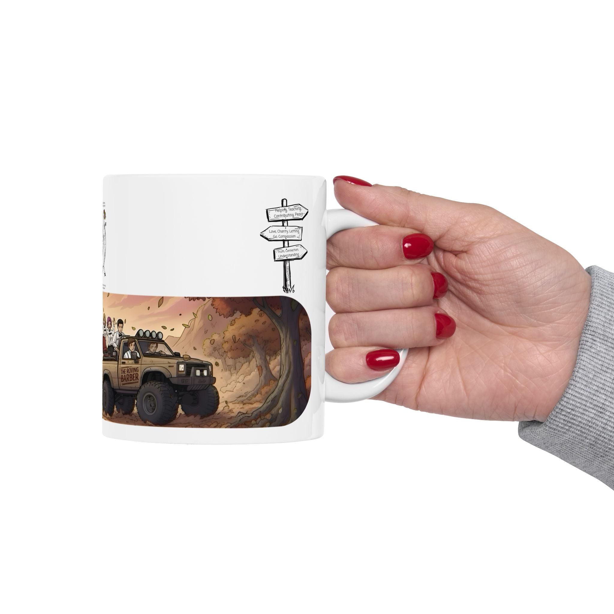 Adventure 4x4 Trucks #4, The Roving Barber White Ceramic Mug — Find Your Path To The Essentials Cup (11oz & 15oz)