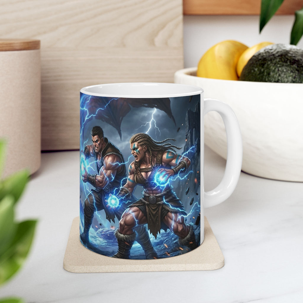 Dragon Battle #4 White Ceramic Mug — Epic Fantasy Gaming Adventure Scene (11oz, 15oz)