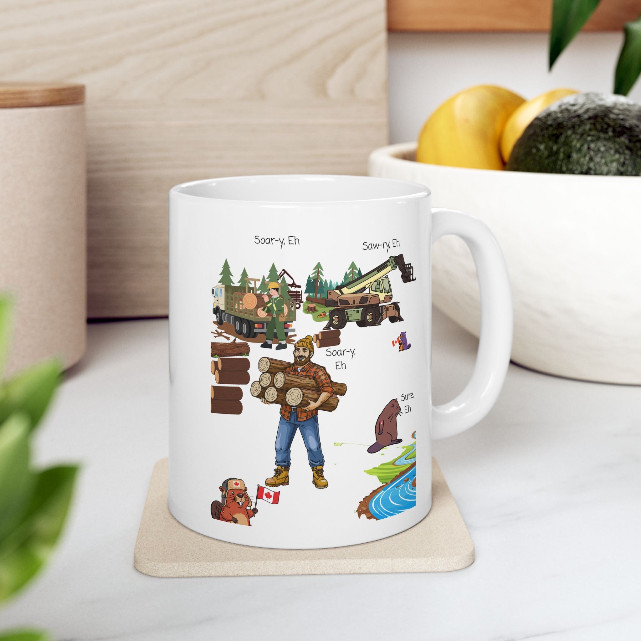 Cute Woodland Beavers With Canadian Lumberjacks On A White Ceramic Mug (11oz, 15oz), We Love Canada Loggers Cup