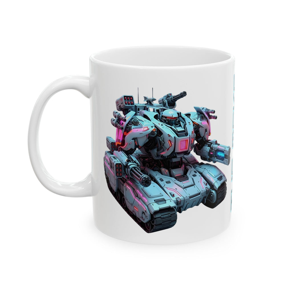 'The Meks' Sci‑Fi Mech Robot #7 White Ceramic Mug (11oz & 15oz), Retro Cyberpunk Tea Cup