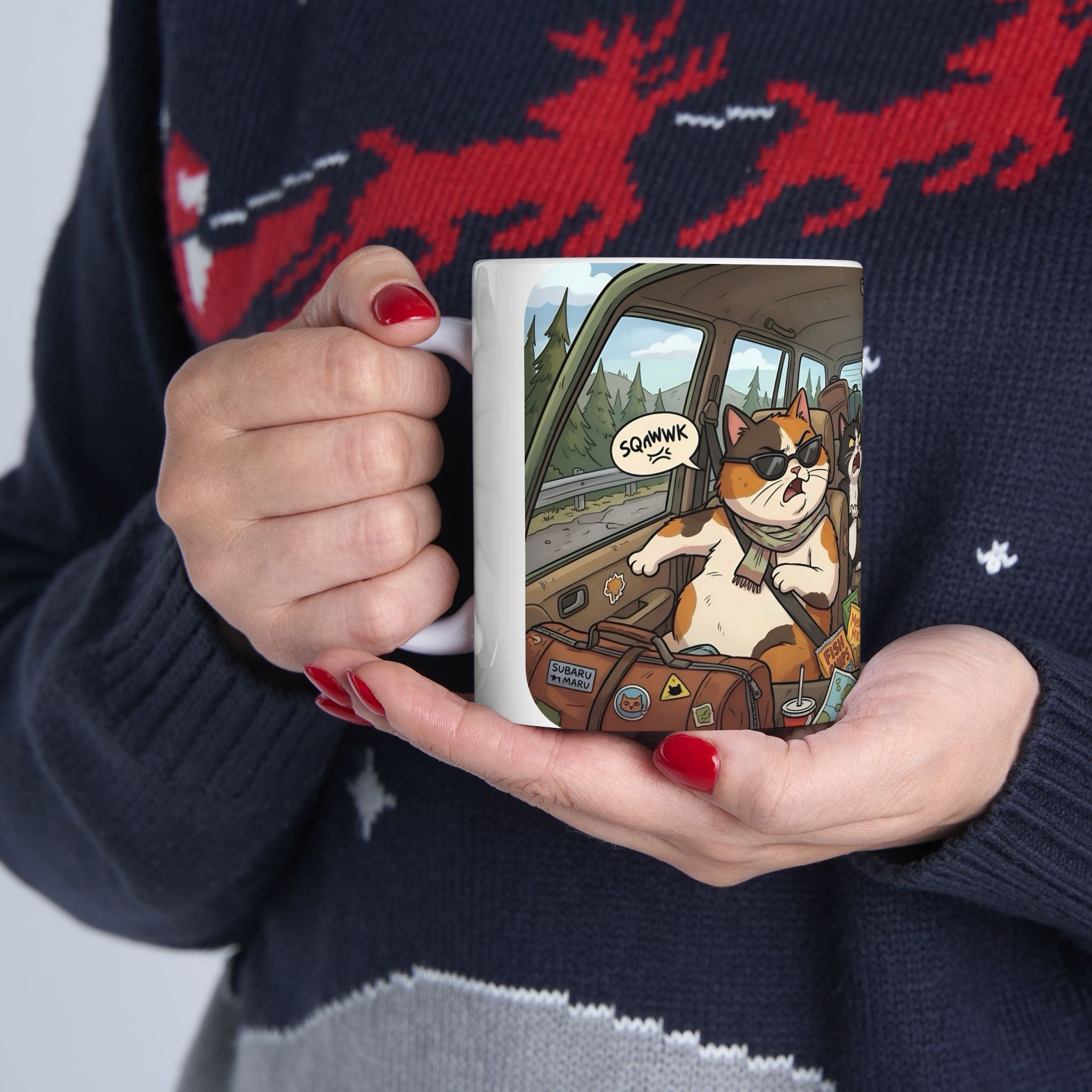 Angry Cats On A Road Trip White Ceramic Mug — Funny Kitty Crew Travel Cup (11oz, 15oz)